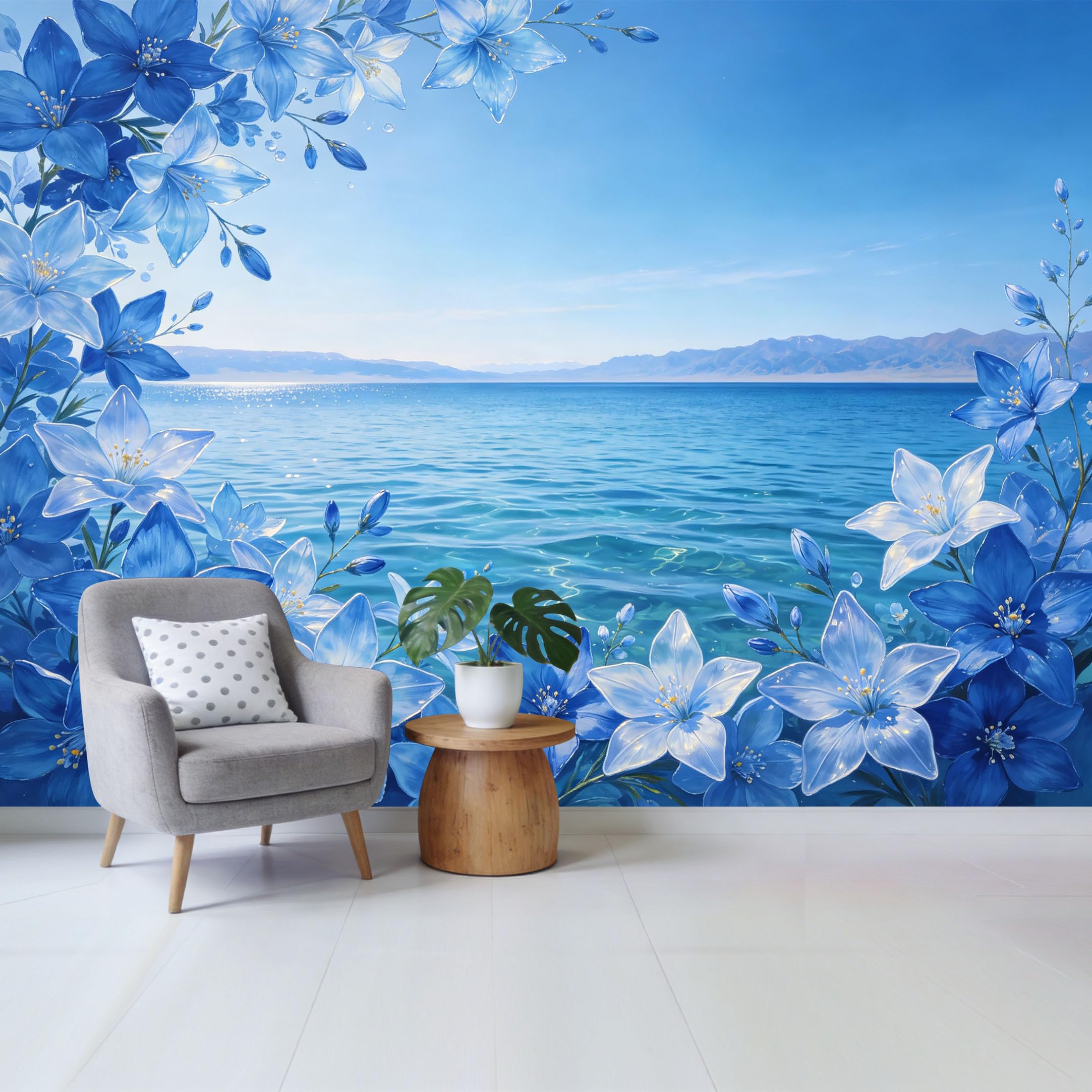 Qzlithotic Yq2605250727 Custom Size Wall Mural Blue Lily Flowers Landscape Mountain Lake View Watercolor Style Selfadhesive Wall Fabric Removable Wallpaper For Home Office Decor