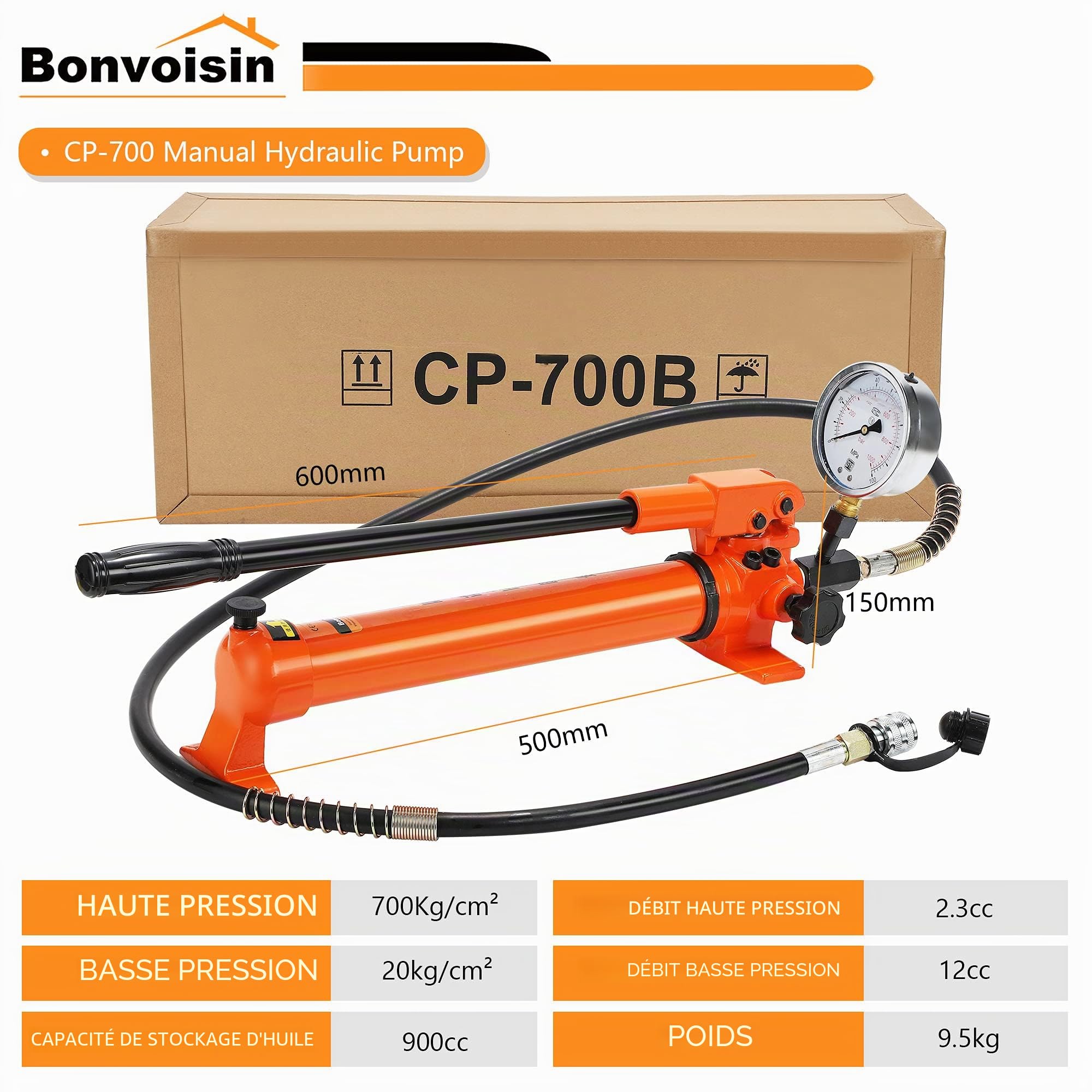 Bonvoisin CP-700 Pompe Hydraulique Manuelle, avec Manomètre, Haute Pression 700 kg/cm², Teneur en Huile 900cc, pour des Outils Hydrauliques