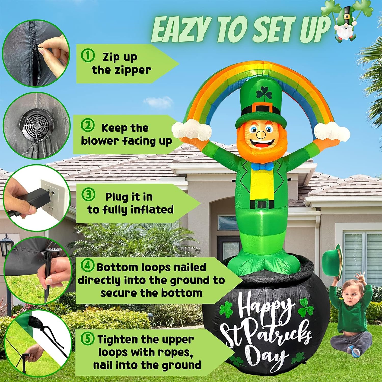 8FT St Patrick’s Day Giant Inflatables Outdoor Decorations Leprechaun Standing on Gold Pot Blow up Holiday Shamrocks Yard Decoration with Build-in LED Lights for Indoor Lawn Garden Party Decor - Image 6