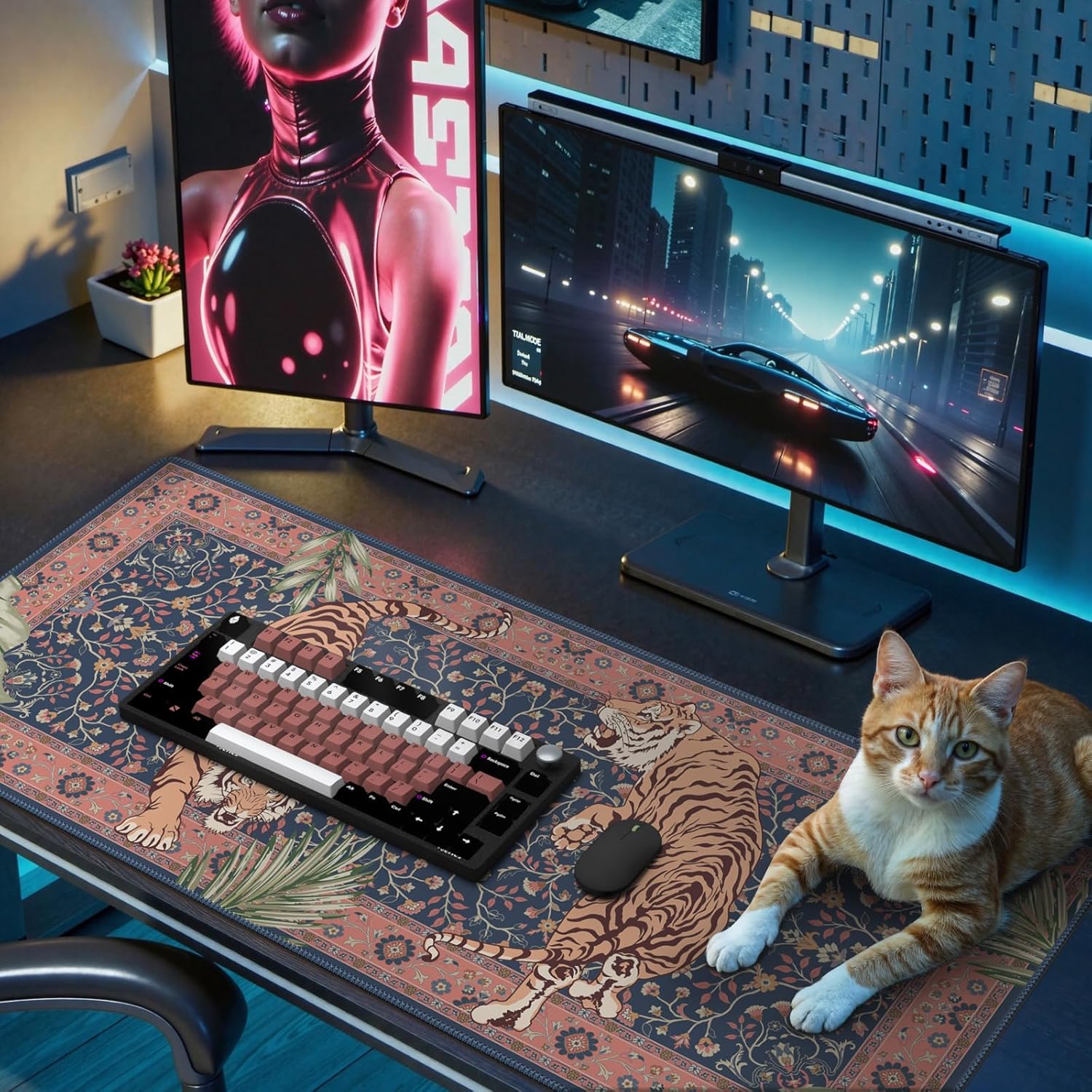 Tiger Desk Matt for Desktop, Floral Gaming Cute Desk Mat, Non Slip Keyboard and Mouse Pad, Stitched Edges Large Desk Pad, Desk Mat for Home Office 35.4 x 15.7 Inches (Pink) - Image 7
