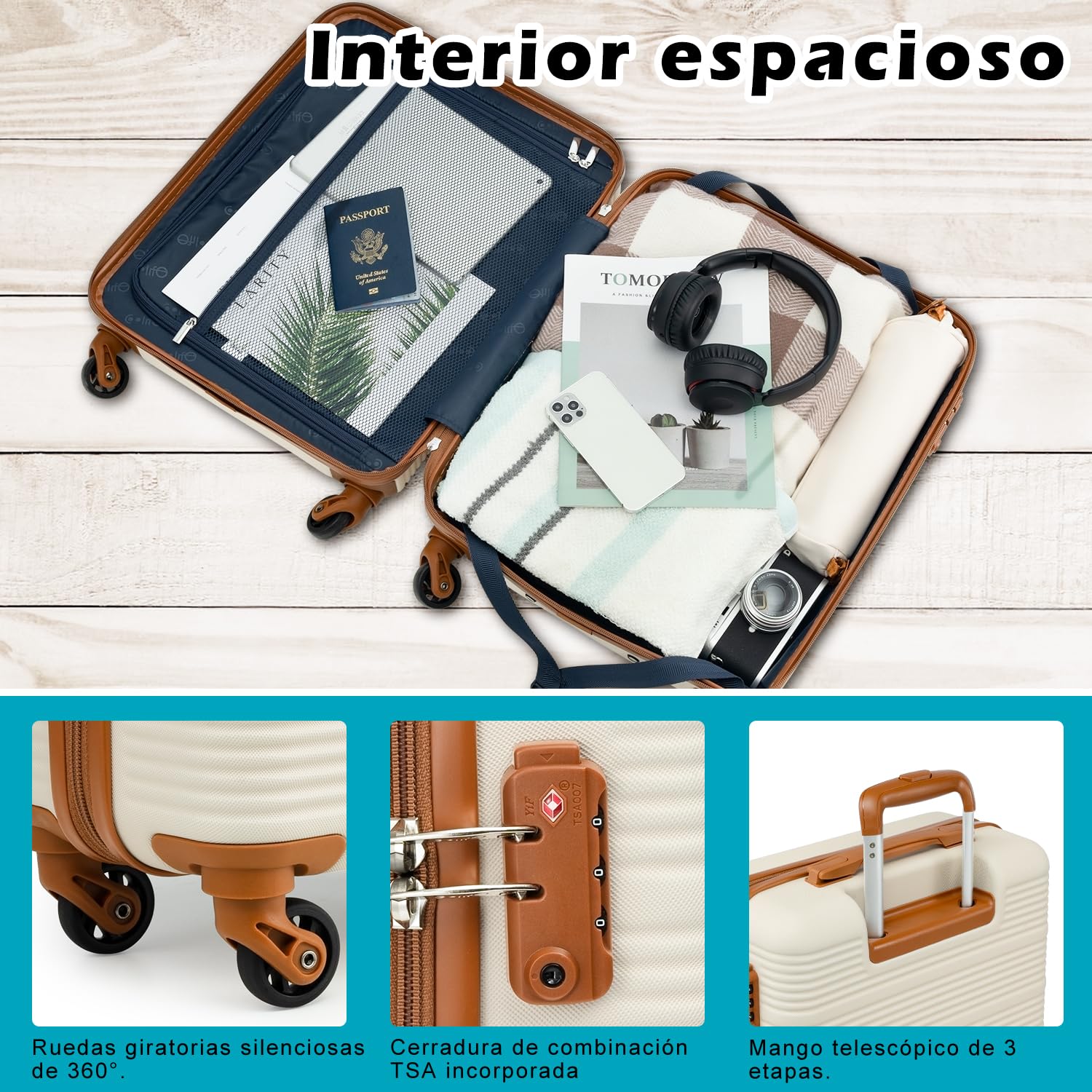 COOLIFE Maleta Cabina 55x40x20 para Easyjet, Bolsa de Viaje 45x36x20cm para Viajes Cortos y Viajes de Negocios, Trolley Cabina de ABS con Candado TSA, 4 Ruedas de 360° (Blanco/Marrón)