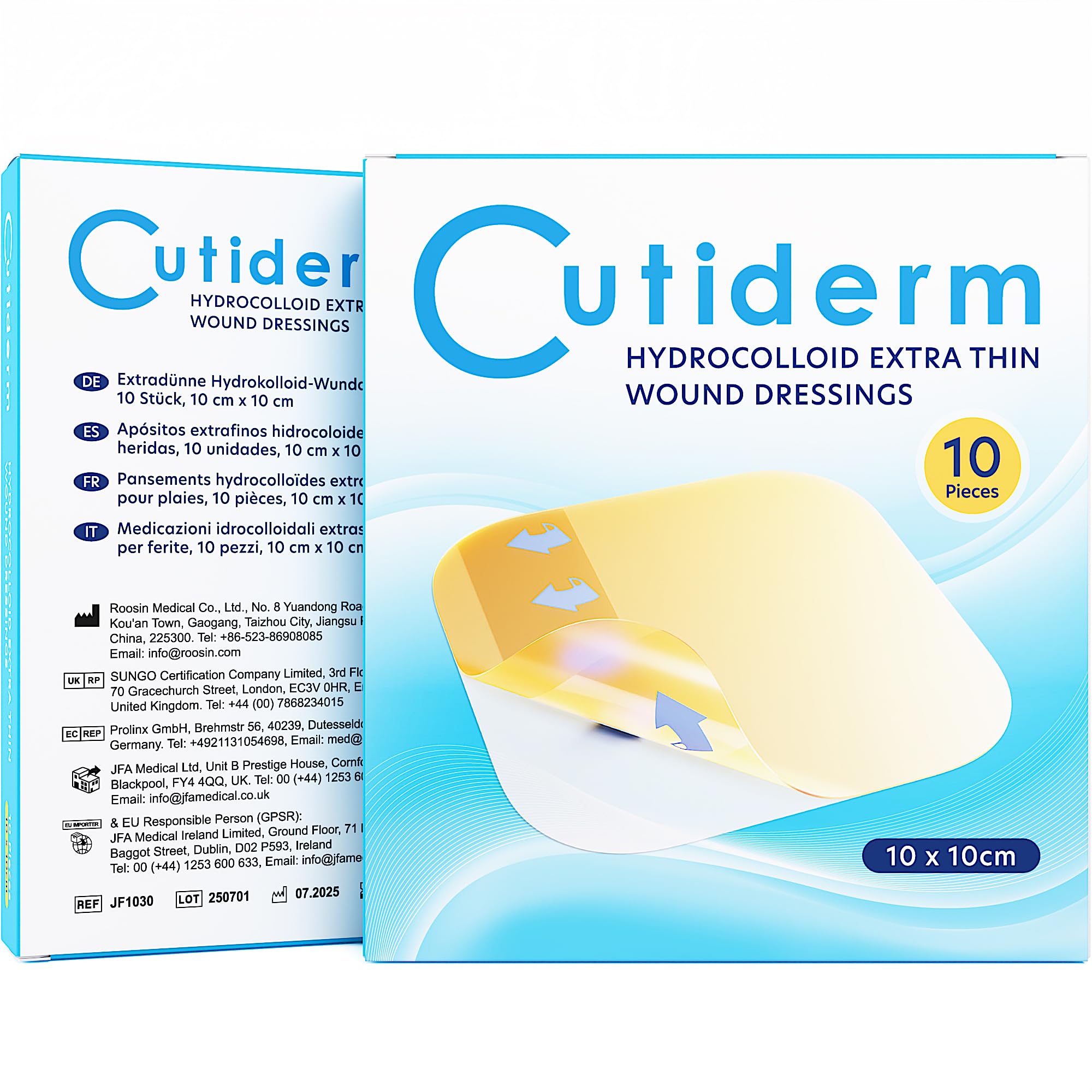 Cutiderm Pack of 10 Sterile Hydrocolloid Extra Thin Adhesive Wound Dressing 10cm x 10cm - for Cuts, Grazes, Superficial and Partial Thickness Burns, Pressure sores, and Venous Leg ulcers
