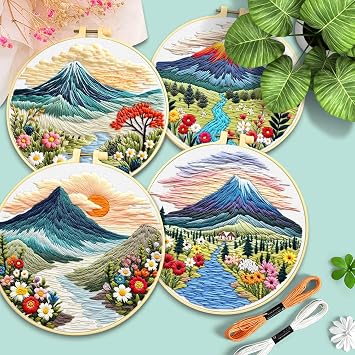ERKOON 4 Set Embroidery Kit for Beginners, Cross Stitch Set Include Embroidery Cloth Hoops Threads for Craft Lover Hand Stitch with Embroidery Skill Techniques (Landscape)