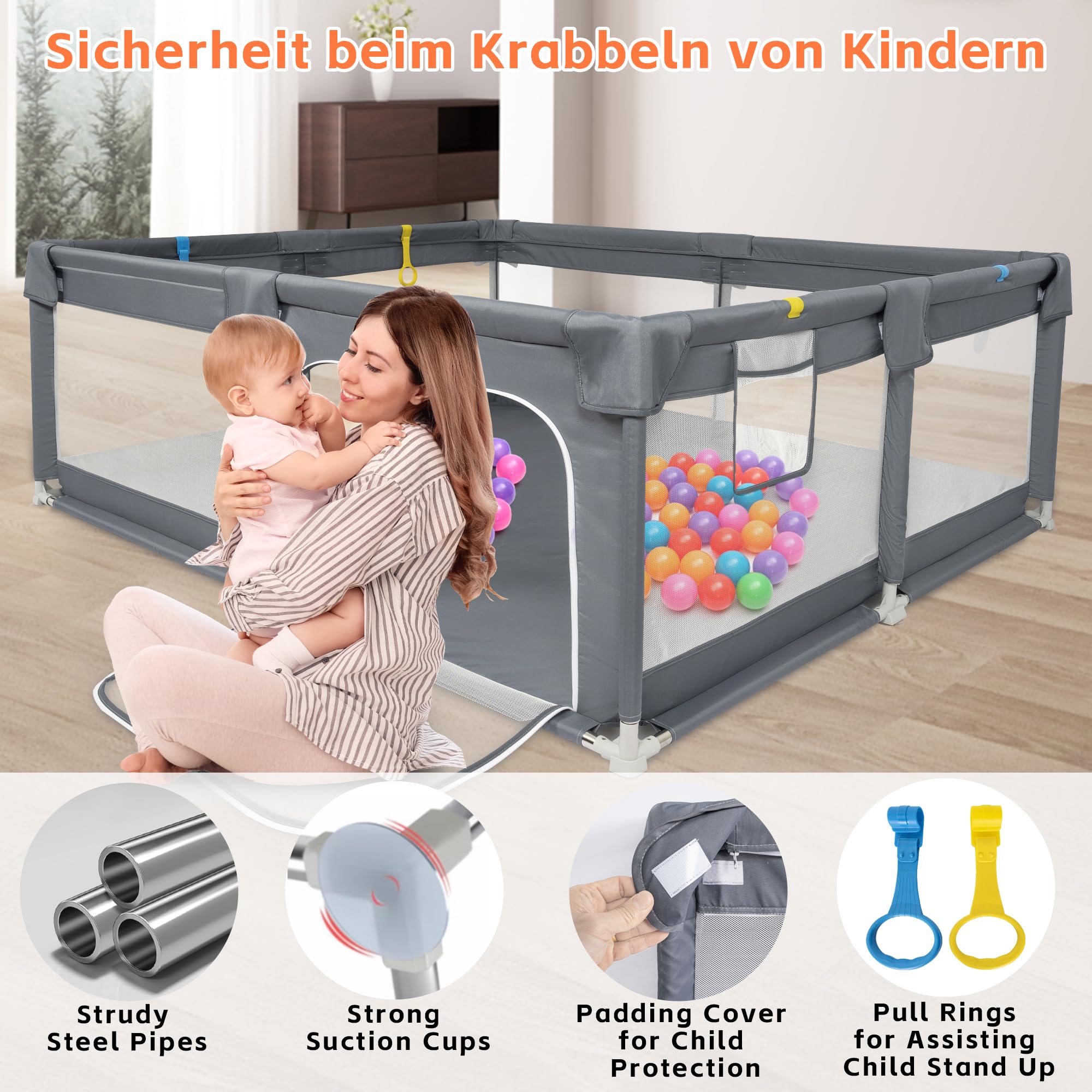 OUUTMEE Laufstall Großer Babyzaun,Laufstall mit rutschfester Basis, Grauschwarz 150x150cm