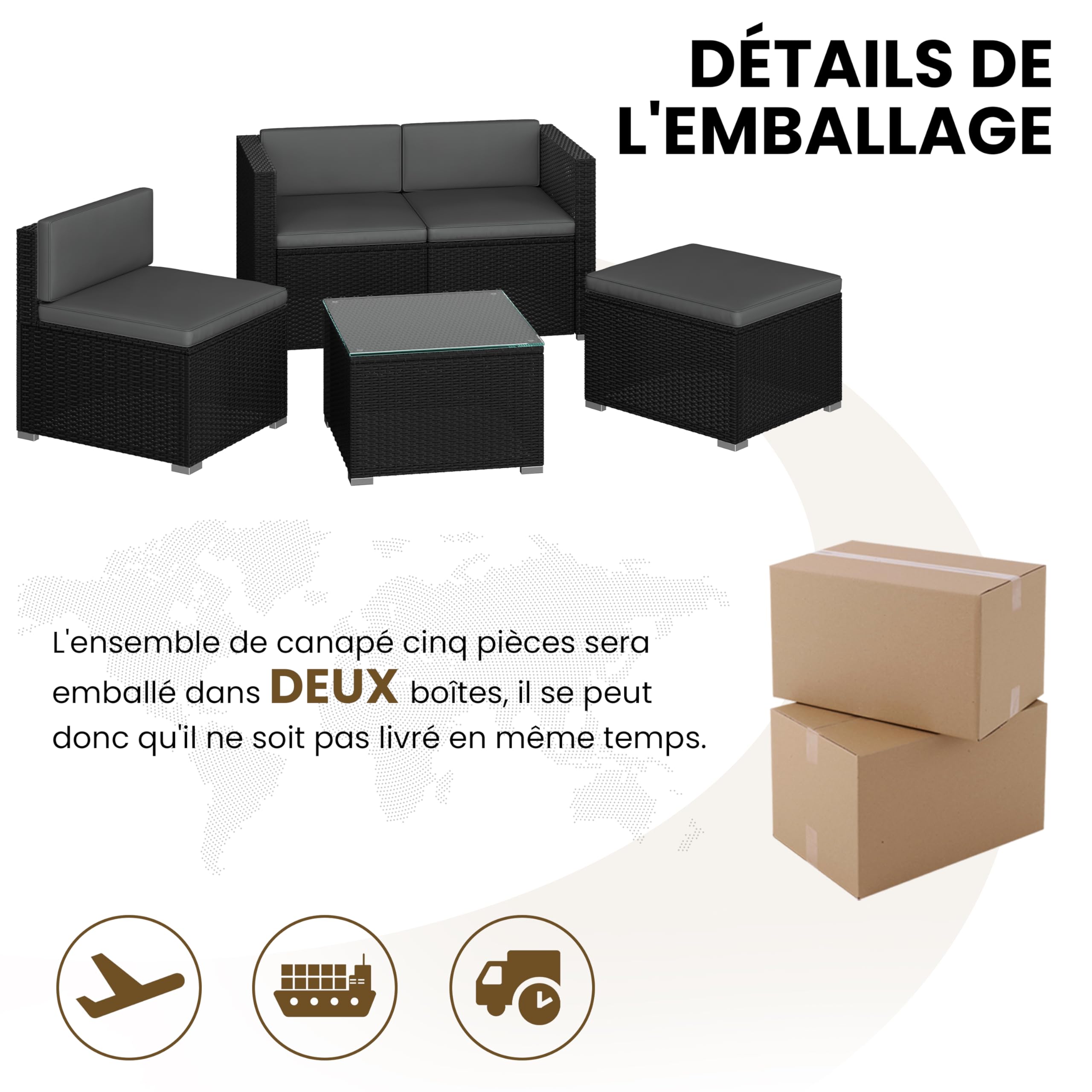 Abician 5 Pièces Salon de Jardin Exterieur en Polyrotin, 4 Personnes Ensemble Mobilier avec 3 Canapés Modulables, 1 Table Basse en Verre Trempé et 1 Ottomane pour Bistro Patio Terrasse Noir/Gris