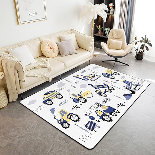 Alfombras de construcción para sala de estar, dormitorio, 5 x 7 pies, lindos equipos, camiones, alfombra de área para niños, niñas, decoración de