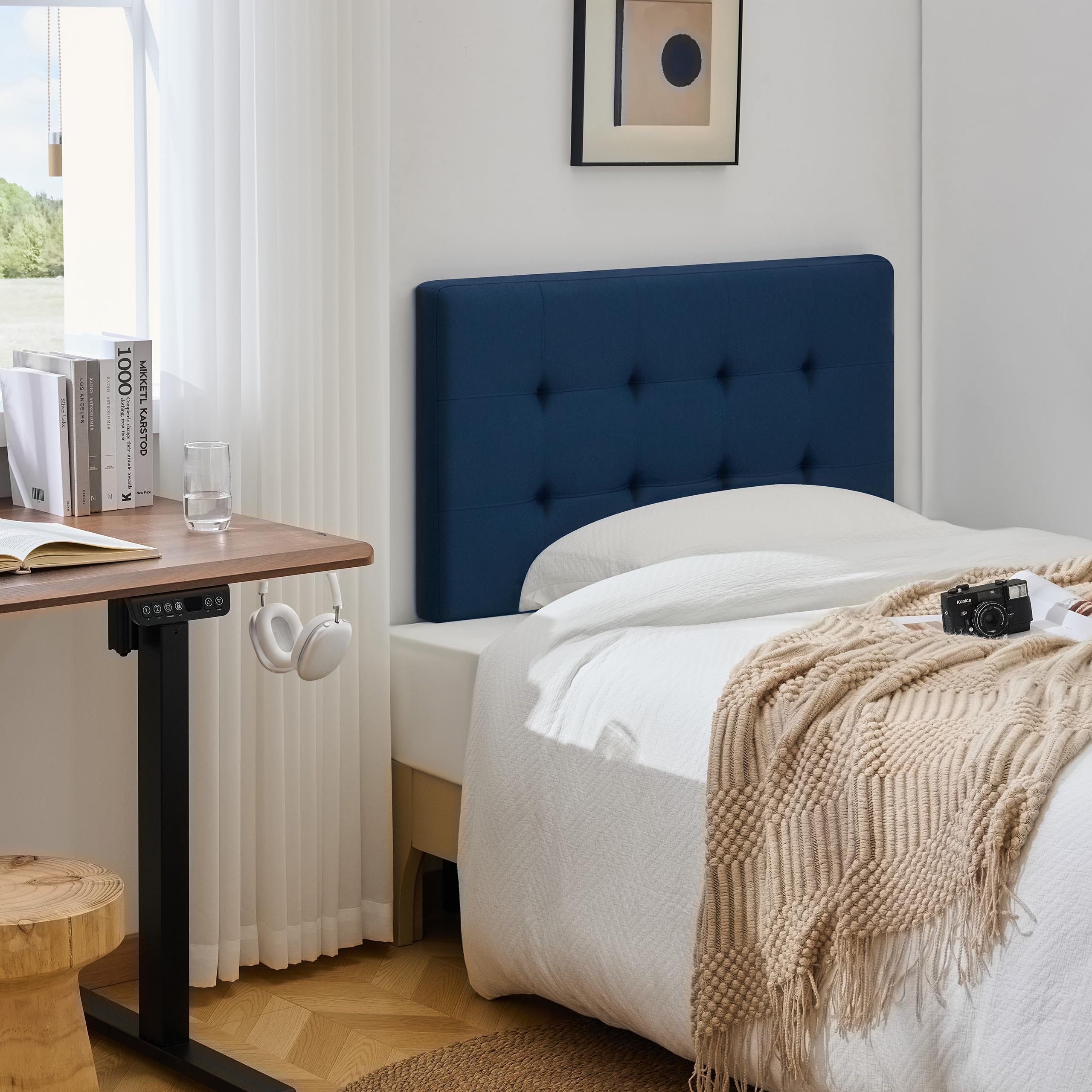 Photo 1 of **Stock Pic for Reference its Black** Linen Stitched Tufted Twin Headboard, Adjustable Height 37.2-46 in, Black