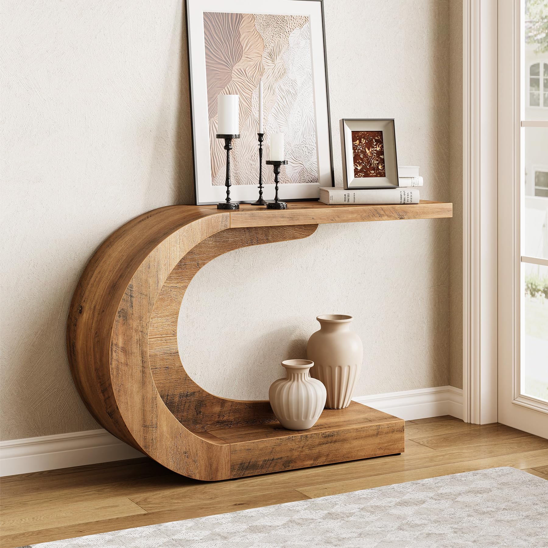 LITTLE TREE 43.3 Inches Farmhouse Console Table, 2-Tier C-Shaped Sofa Table Behind The Couch, Wooden Entryway Table Narrow Hallway Foyer Table for Living Room, Entrance, Brown