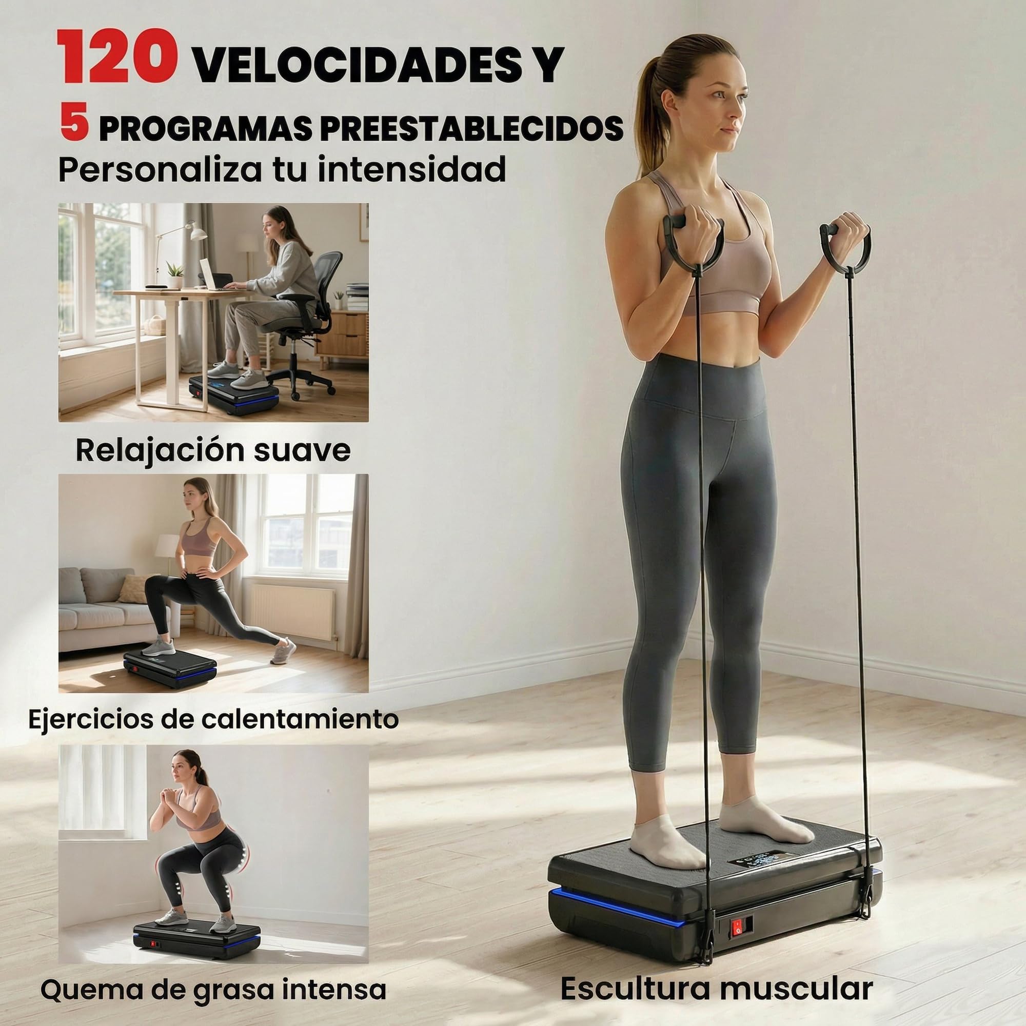 SPORTNOW Plataforma Vibratoria, 120 Velocidades, 5 Programas, Plataforma Vibración Muscular 200W con 2 Bandas Elásticas, Pantalla LED, Luz, Mando a Distancia, Carga 120 kg para Hacer Ejercicio en Casa