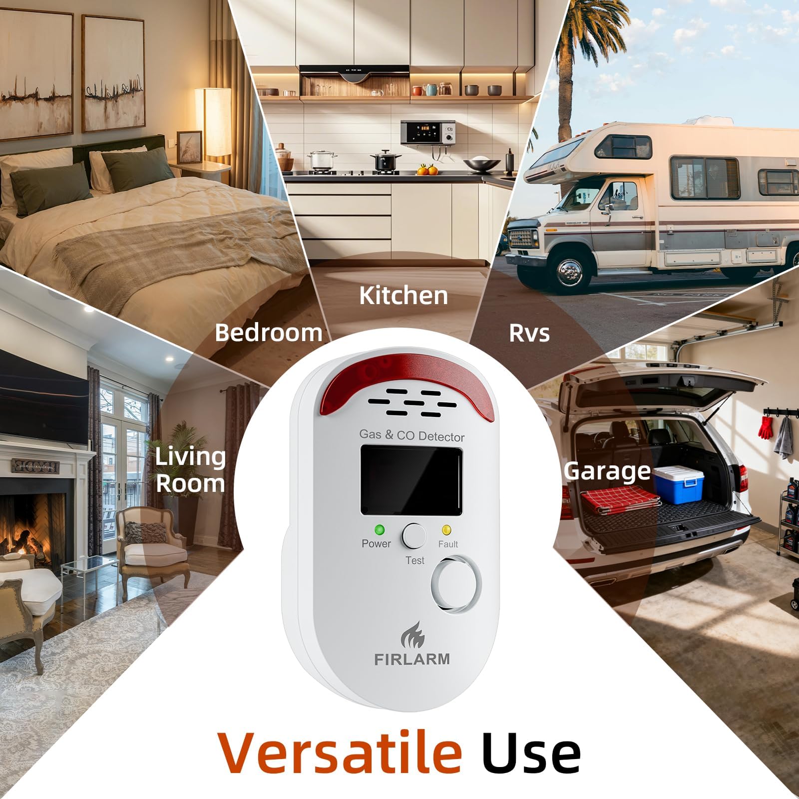 Firlarm Gas und Kohlenmonoxid Melder Haus, Kombinierte Gaswarnmelder & CO Melder mit Stecker und LED-Anzeige, Brennbaren Gasdetektor and CO Warner für Küche, Wohnmobil und Garage