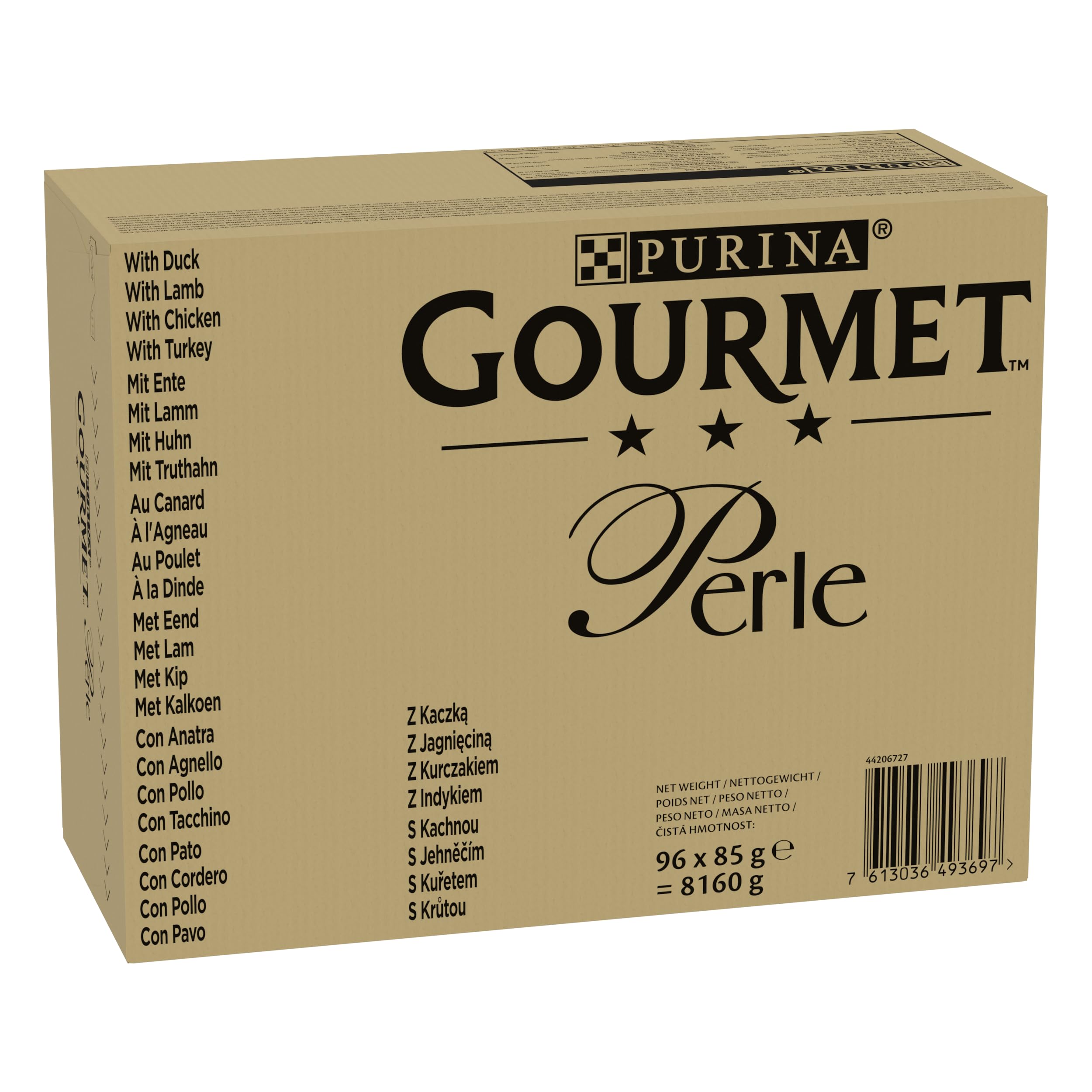 Purina Gourmet Perle Filettini in Salsa Cibo Umido per Gatti con Anatra, Agnello, Pollo, Tacchino, 96 buste da 85g