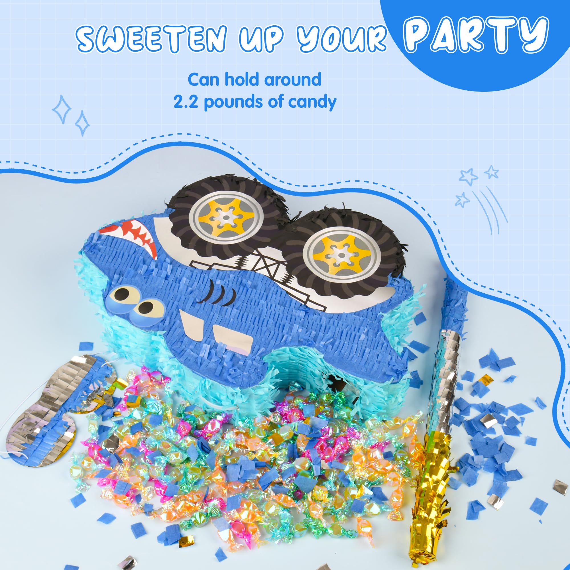 Paquete de piñata de camión monstruo de tiburón pequeño con venda, murciélago y confeti (16.5 x 12 x 3 pulgadas), perfecto para fiestas de cumpleaños, decoraciones de fiesta temática de monstruos