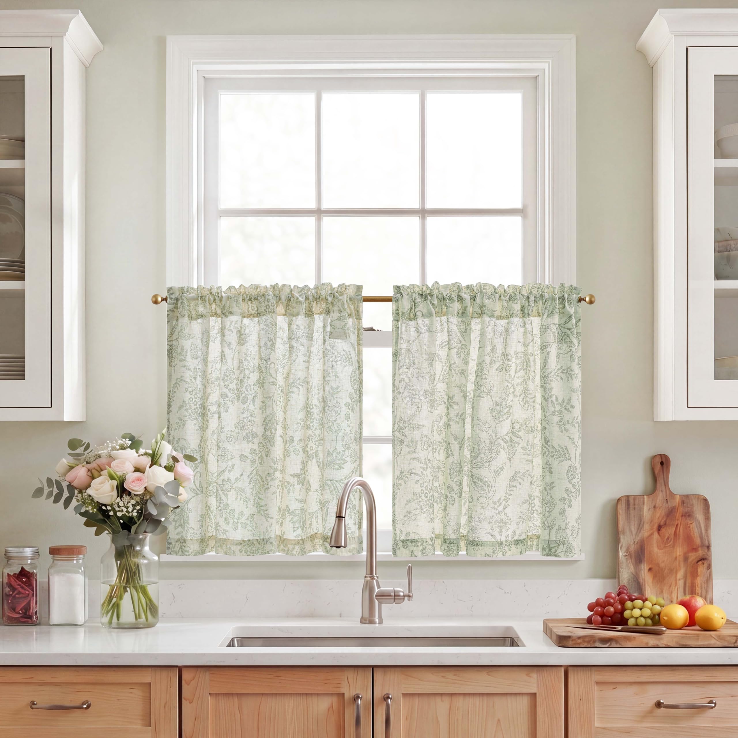 TOPICK Kitchen Curtains with Green Botanic Floral, Rod Pocket Short Cafe Curtains 24 Inch Drop, Light Filtering Small Window Curtain Tiers for Cupboard Base, Sink, Basement, W36 x L24 Inch, 2 Panels