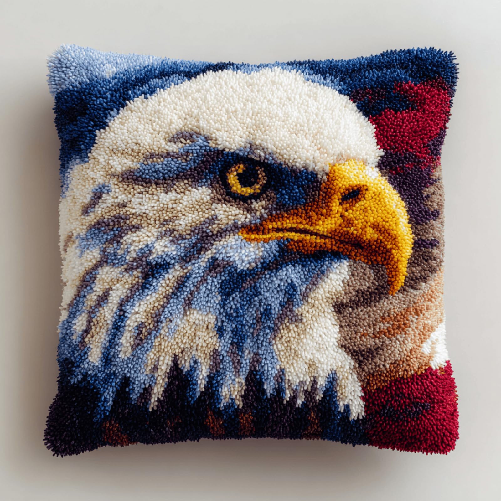 kitphoenix DIY Latch Hook Cushion Kit 43x43 cm,Bald Eagle,Cushion Making Kit with Pre-Cut Yarn,Printed Canvas,Crochet Hook & Instructions,Embroidery Craft Kit for Beginners & Adults