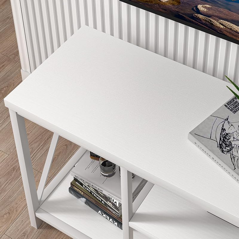 EXCEFUR 55 inch TV Stand for TV up to 65 inch, Modern Media TV Console with Storage Shelves, Entertainment Center for Living Room, Bedroom, White Oak image 4