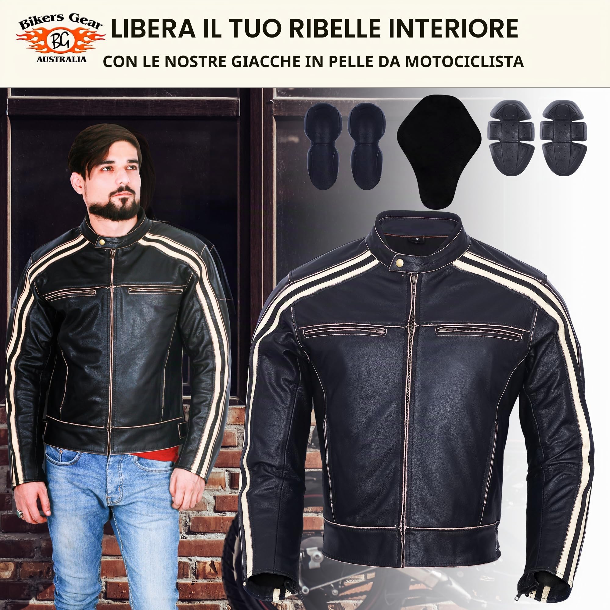 Bikers Gear UK - Giacca in stile retrò, Café Racer Bonnie, 100% pelle di bovino, nera con linee bianche sulle maniche