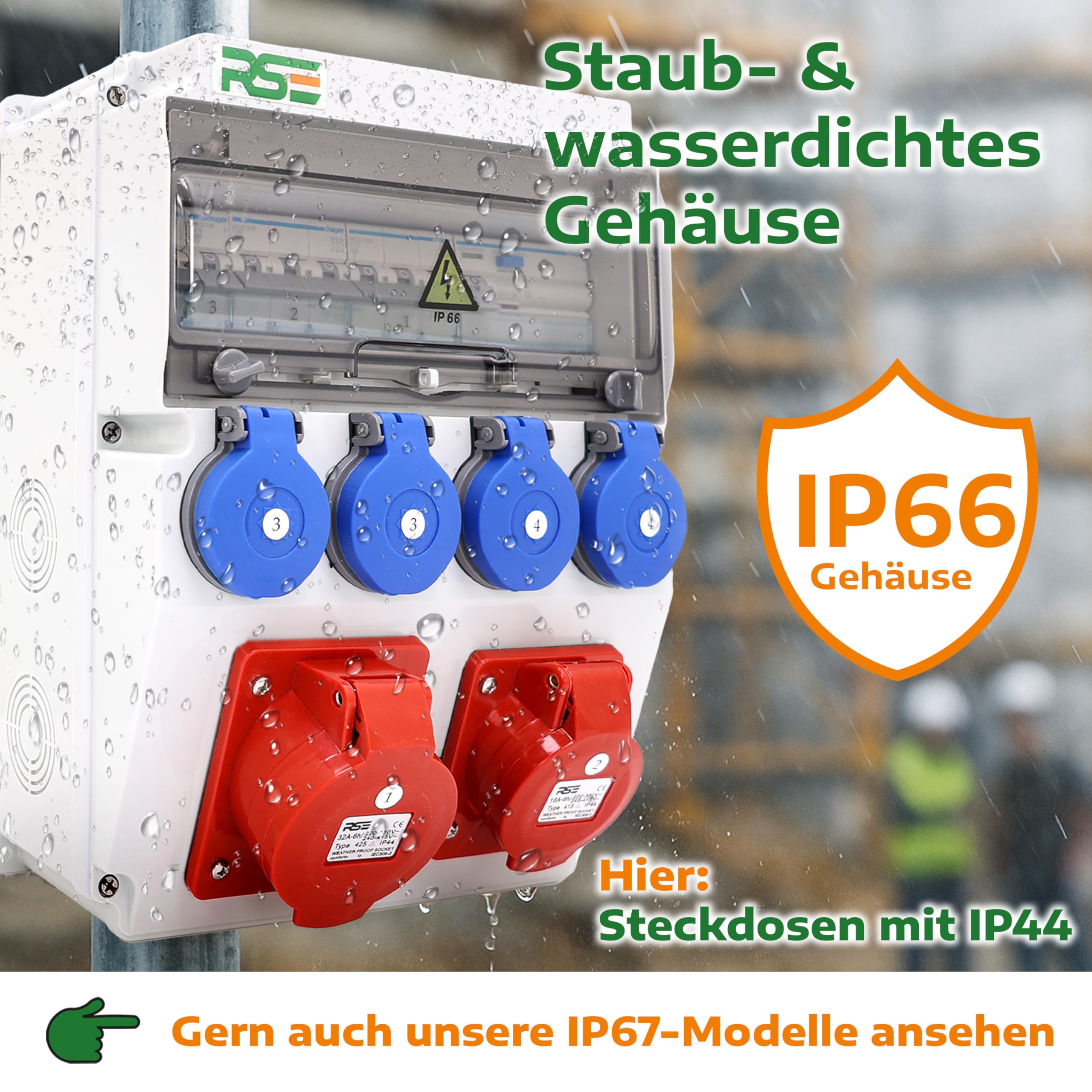 RSE BAUSTROMVERTEILER WANDVERTEILER KOMPLETT VERDRAHTET 32A 16A 230V MIT HAGER SICHERUNGEN IP65, RSE 14-16A/5P, 2x230V