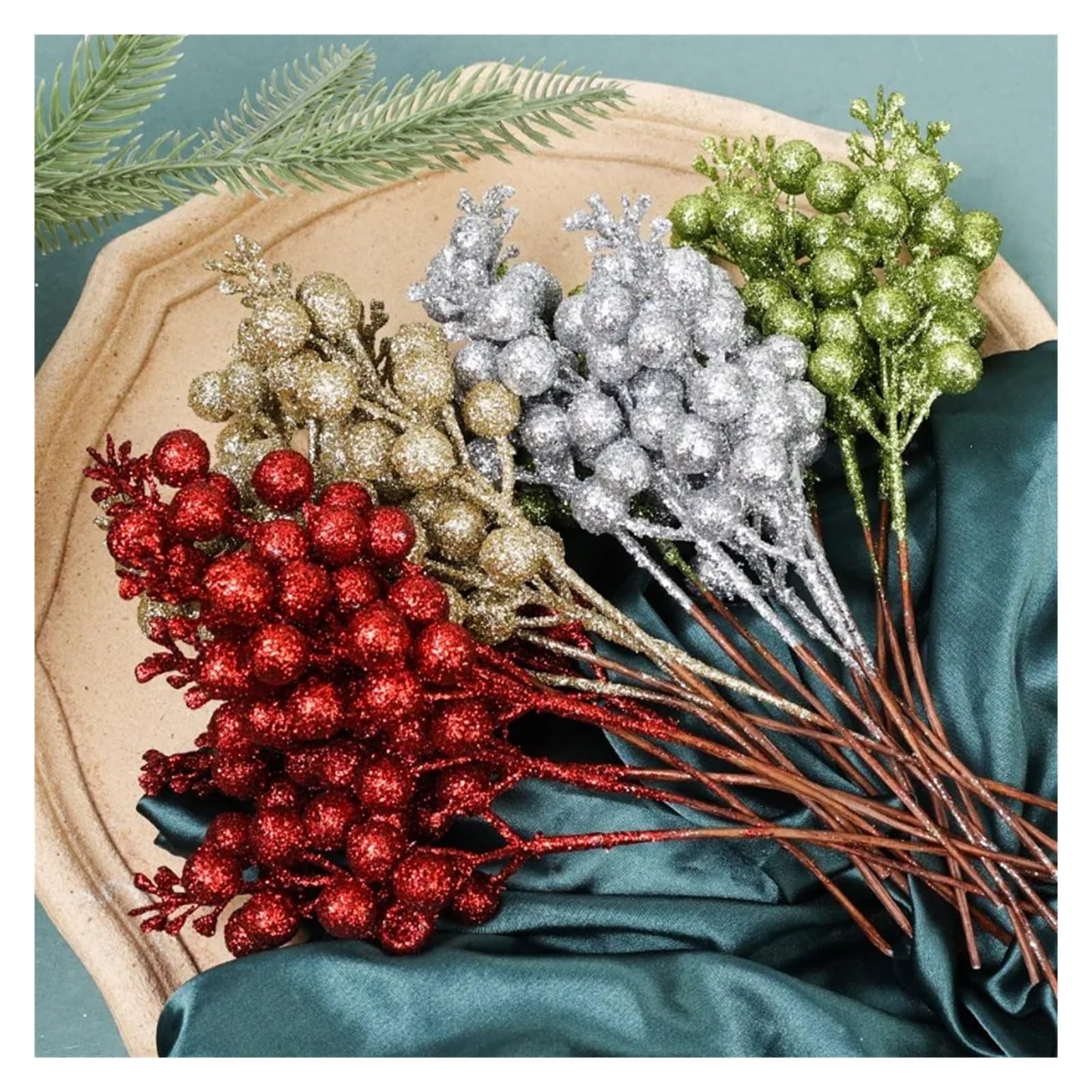 Ramo de ramas con bayas artificiales, Tallos De Bayas Artificiales Con Purpurina En Polvo Dorado, Multicolor, 23,5 Cm, ​​Paquete