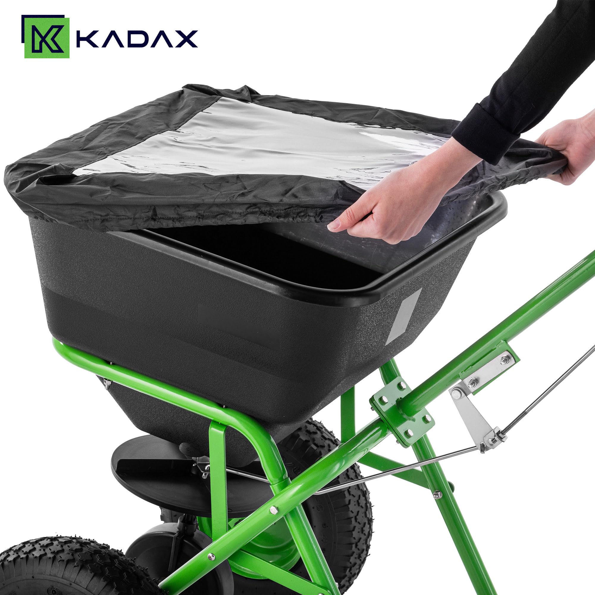 KADAX Carro esparcidor de 45 L con ruedas, esparcidor de abono para semillas de césped, fertilizante para césped, cal y sal de carretera, salero, esparcidor de semillas para el cuidado del césped y el