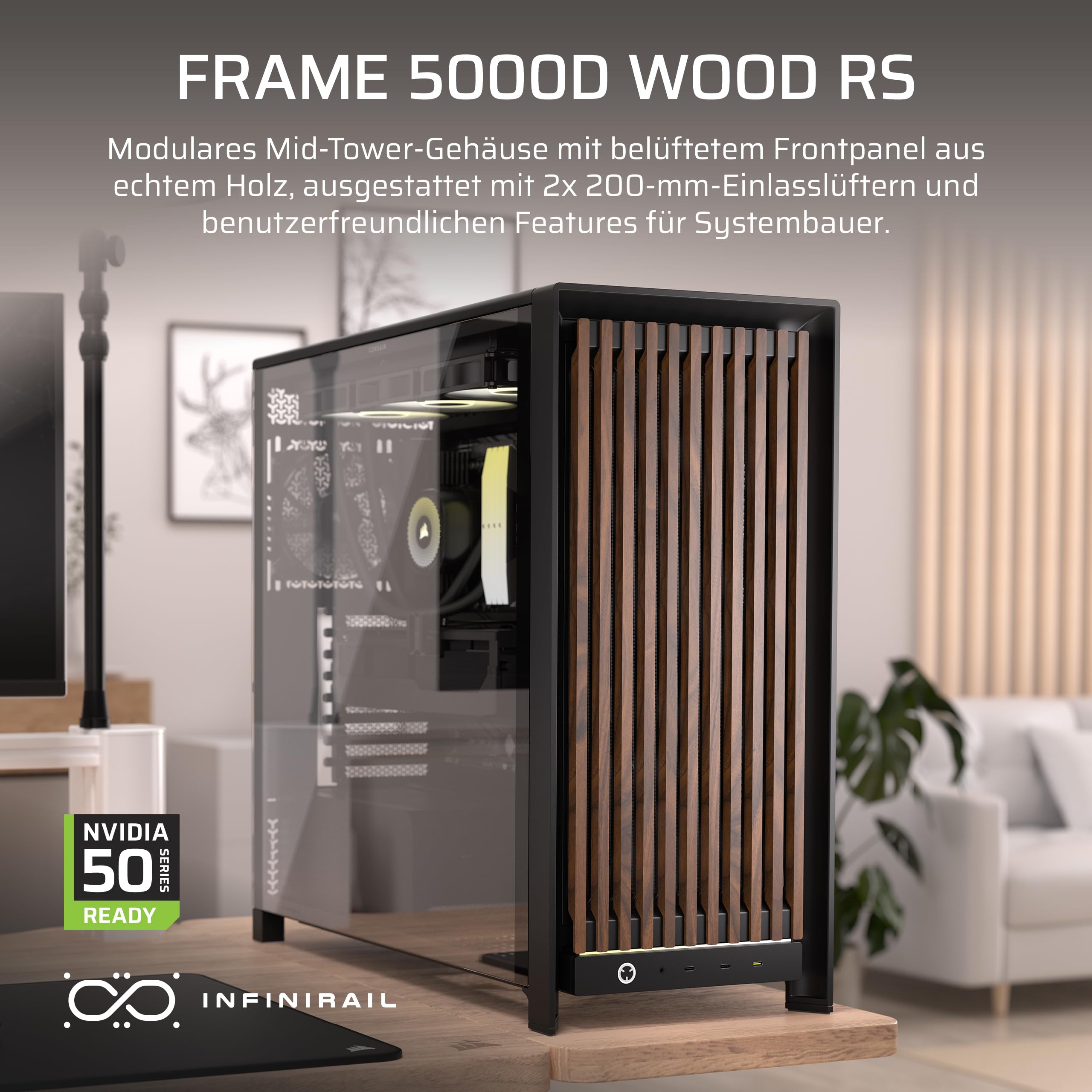 CORSAIR Frame 5000D Wood RS Mid-Tower-ATX-PC-Gehäuse – Schwarz & Walnuss | Frontpanel aus Massivholz, 3 Vorinstallierte Lüfter, Modulare Anpassung, Geräumiger Innenraum, GPU Anti-Sag