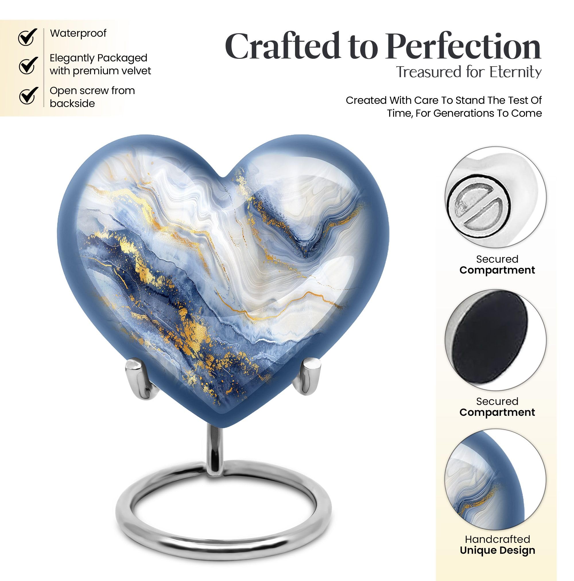 YATHABHISA Blue Marble Metal Urn for Ashes Adult Male, Heart Shaped, 10 Inch, 10" Large Urn Pack of 1 - Image 3