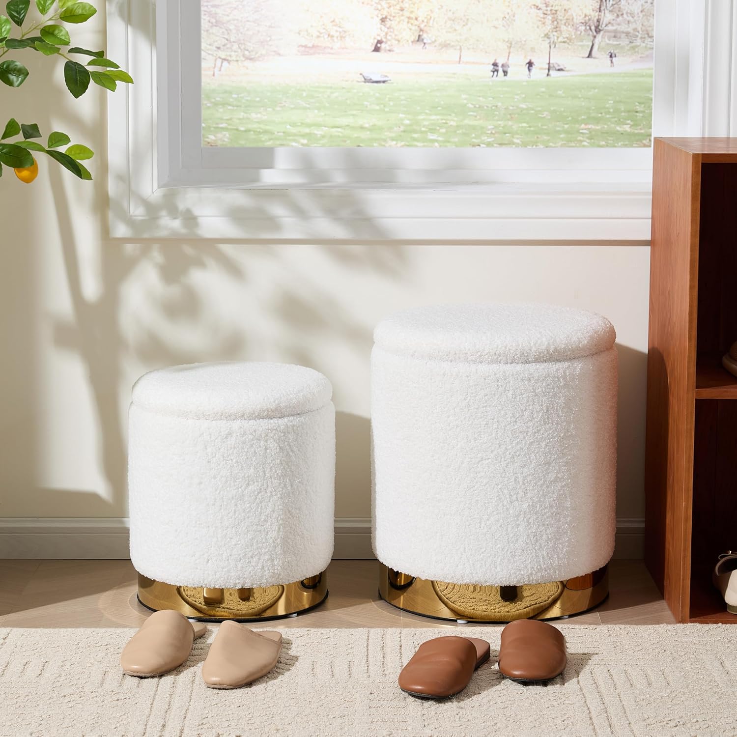 Royal Windsor Boucle Round Ottoman with Storage Set of 2, Vanity Stool with Storage for Bedroom, Ottoman Coffee Table Gold-Tone Ring Around The Base, Small Foot Stool for Living Room, White - Image 9