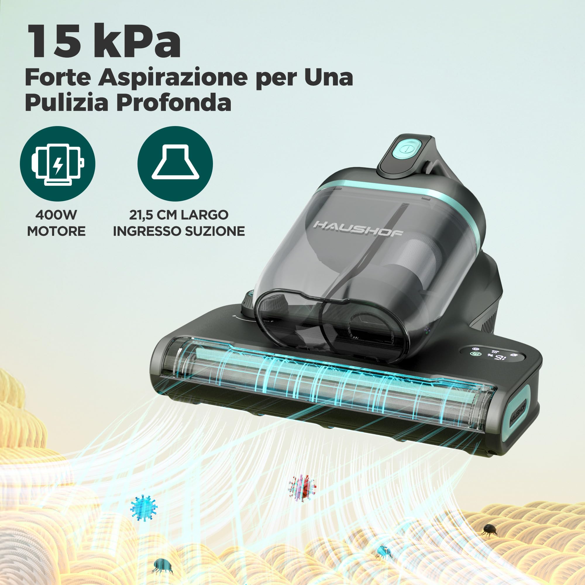 HAUSHOF Aspiratore per Materassi con 275 nm Luce UV-C, Battimaterasso Antiacaro con 60 ℃ Aria Calda, HEPA Filtro, Aromaterapia, 400 W Motore, Doppio Contenitore, Aspiratore Portatile per Letto, Divano