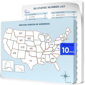 SCRIBBLEDO 11x14 Dry Erase USA Map Sheets Reusable United States Practice Maps for Students & Teachers, Pack of 10