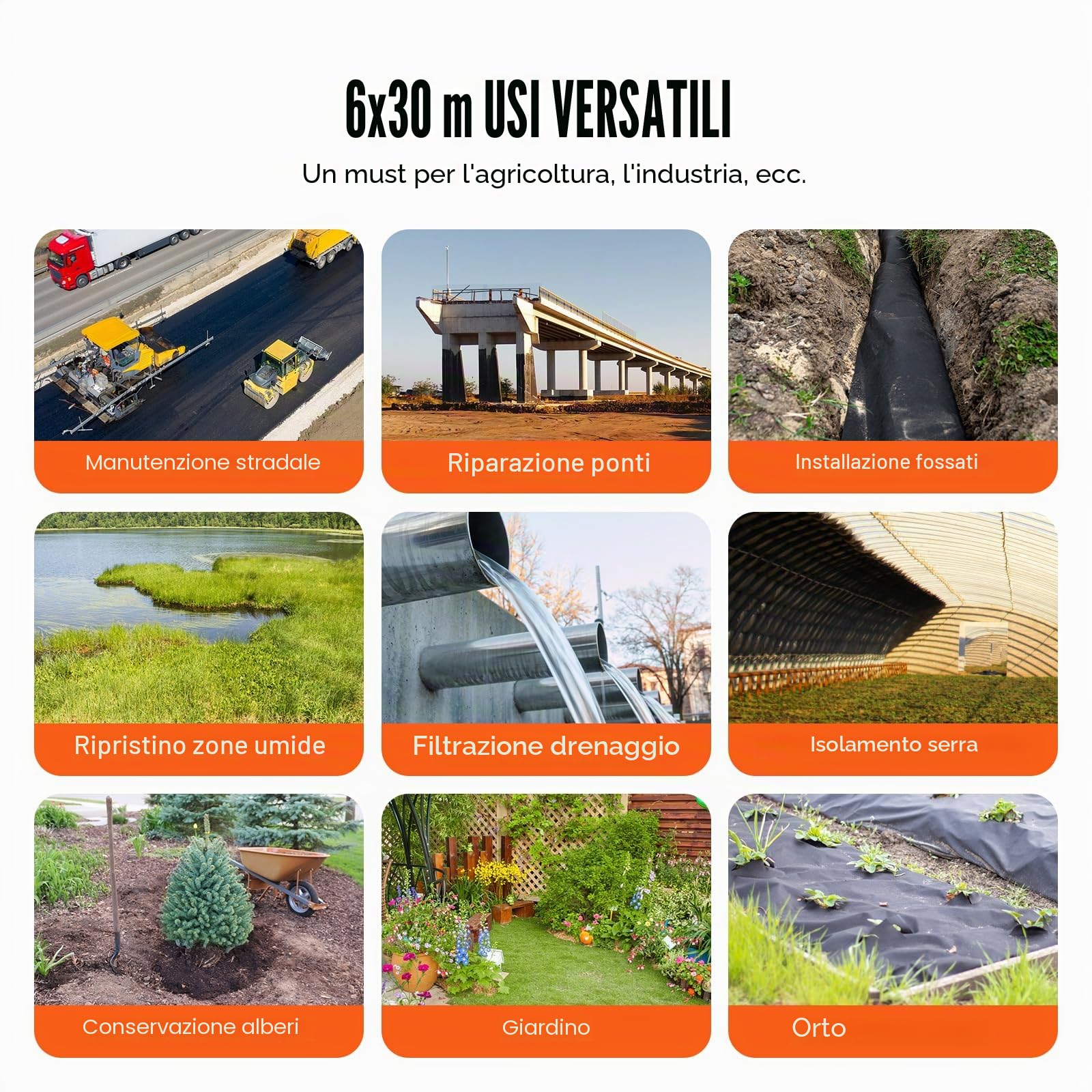 VEVOR Telo Geotessile Non Tessuto 1,8x30,5 m, Tessuto Pacciamante 271 g/m², Telo Pacciamatura Anti Erbacce per Sistemi di Drenaggio, Paesaggistica, Copertura Non Tessuto Geotessile del Terreno, Nero