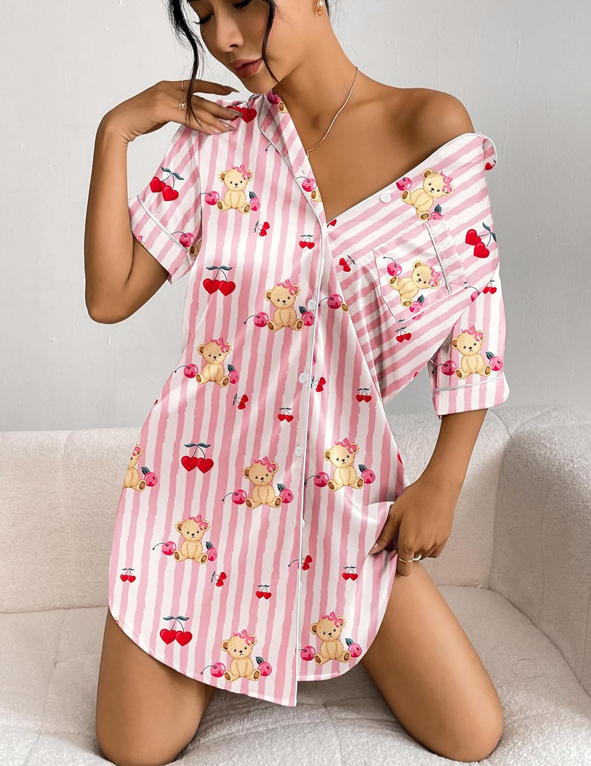 Ekouaer Women's Satin Nightshirt Button Down Sleepshirt Silk Short Sleeve Nightgown Boyfriend Notch Collar Sleepwear - Image 2