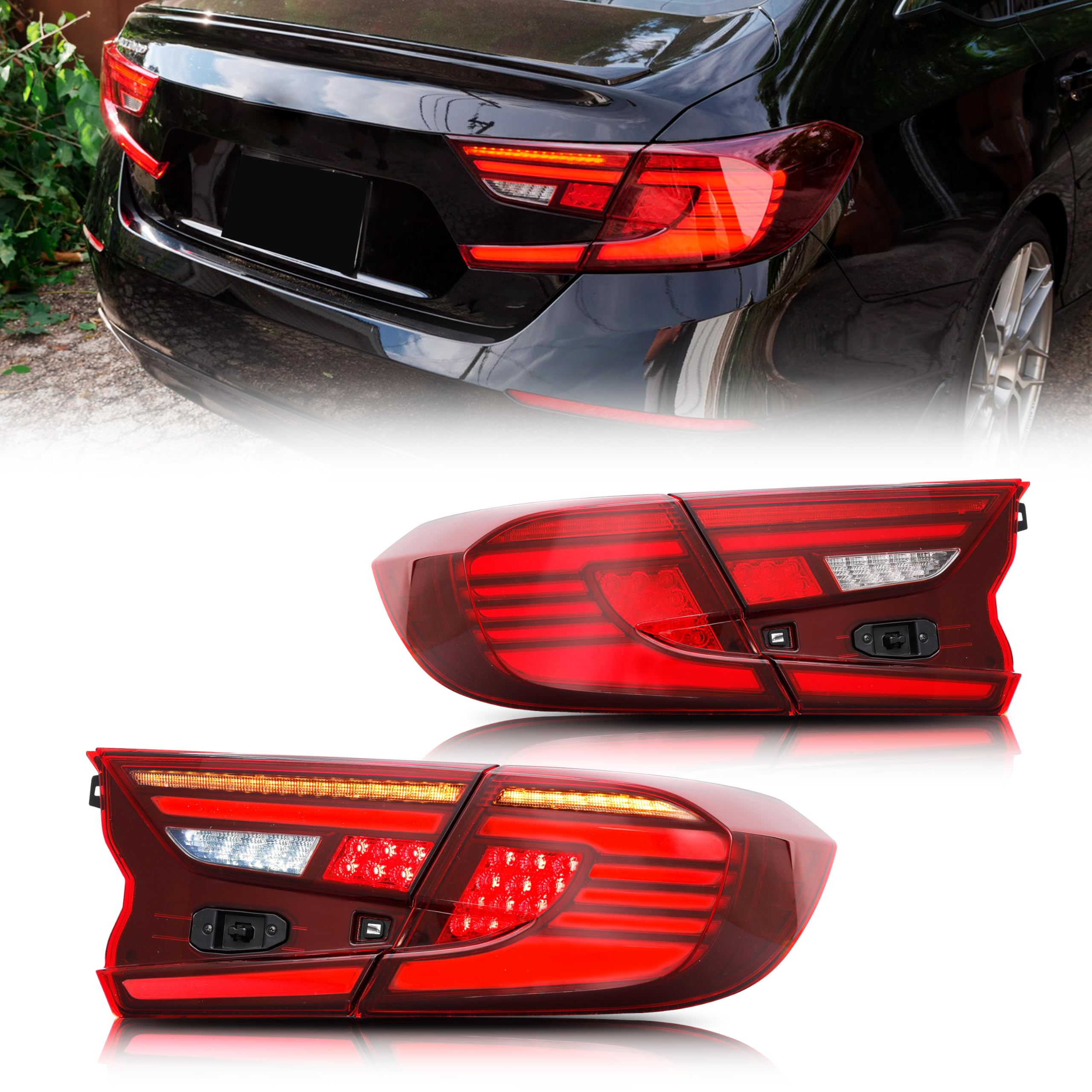 LED Tail Lights Assembly Compatible with Honda Accord 2018-2023 10th Gen Start-up Animation Sequential Turn Signal Red Rear Lamps Accessory