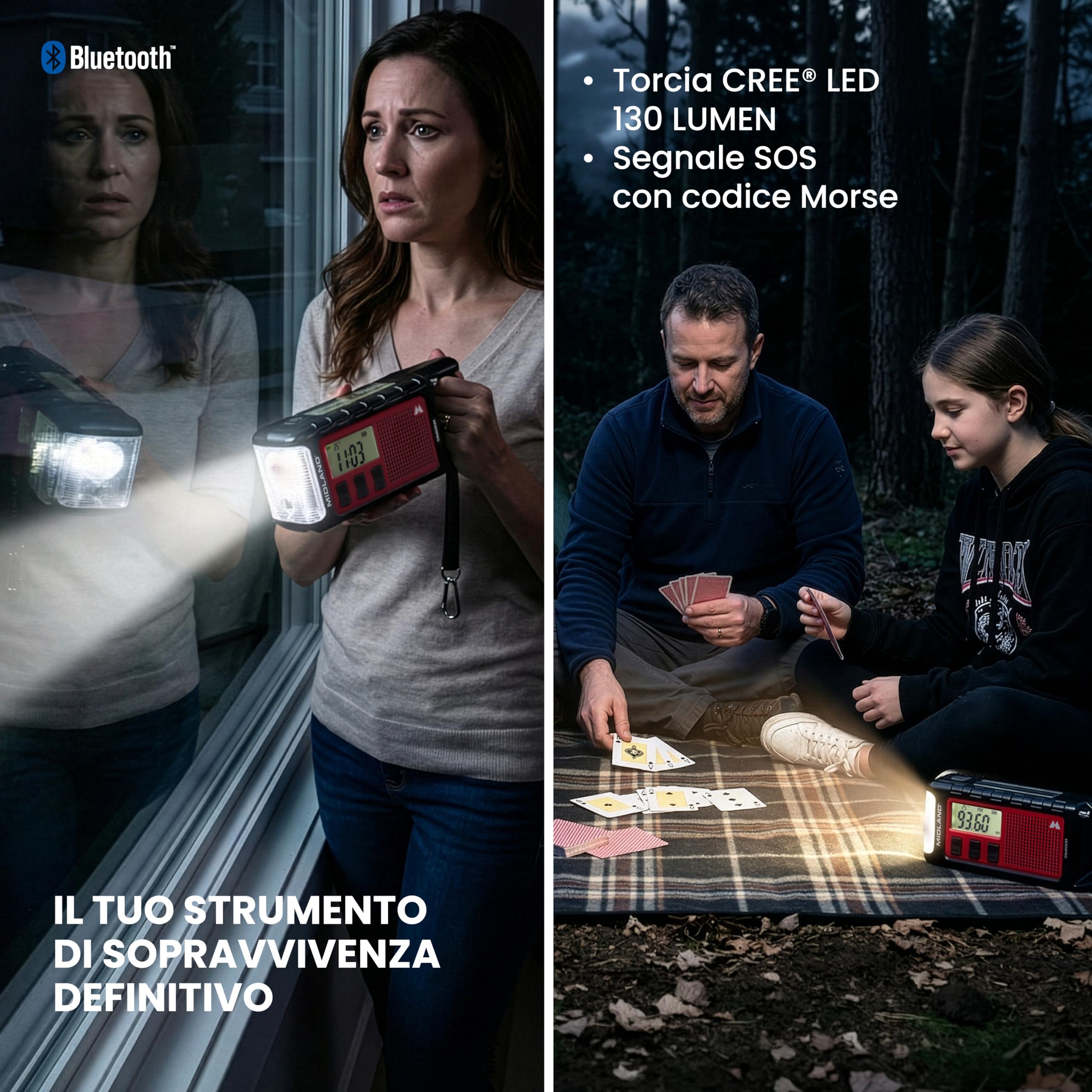 Midland ER300 PRO C1663-Power Bank d'Emergenza Ricaricabile x 2 Smartphone Batteria Ricaricabile 10.000 mAh USB-C/Solare/Dinamo, Bluetooth, Radio AM/FM, Torcia SOS 130LM, Autonomia Fino 100H