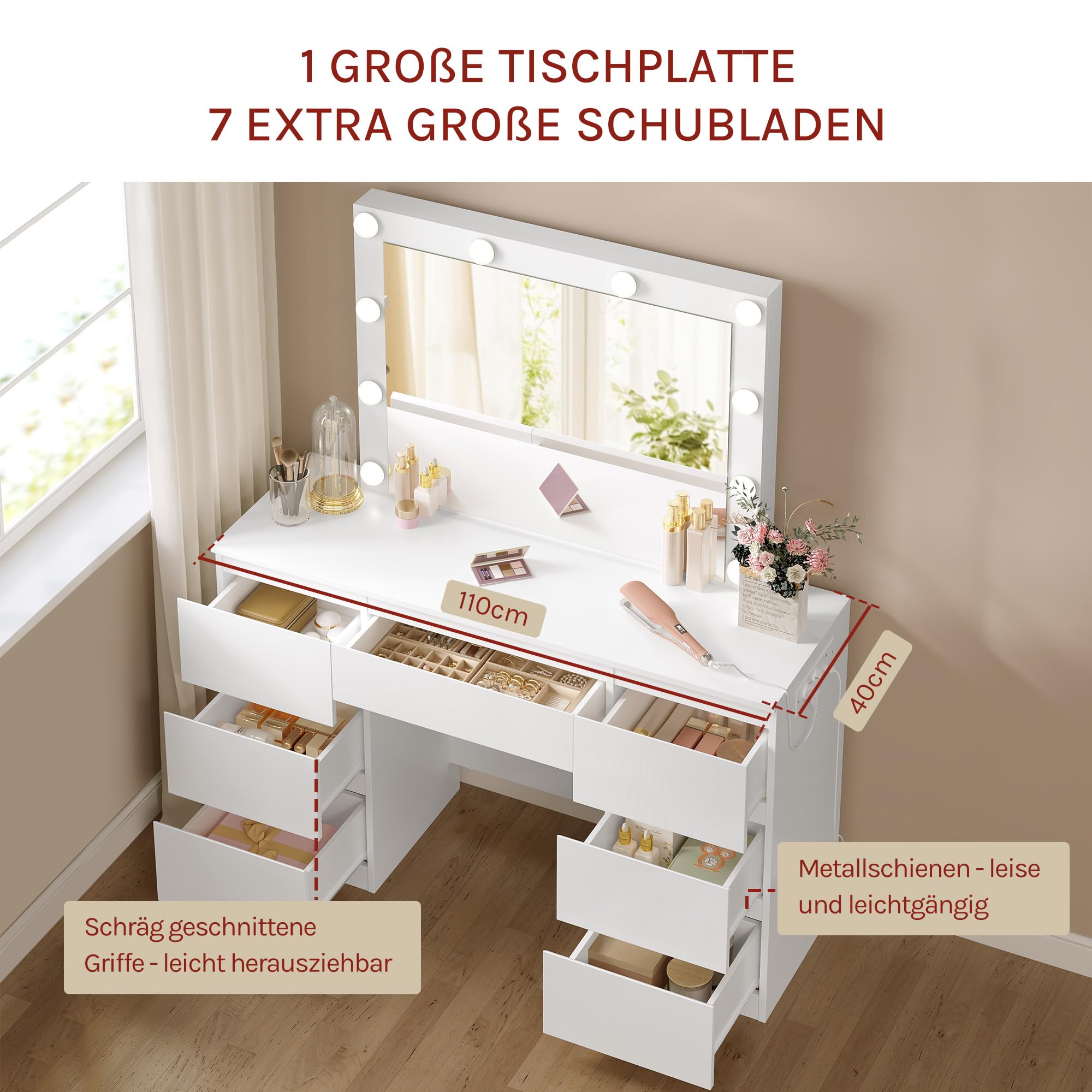 WOLTU Schminktisch mit Beleuchtung Hollywood und Steckdose, einstellbare Helligkeit, Schminktisch mit Spiegel LED, Kosmetiktisch mit 7 Schubladen, 110x140,5x39,5 cm, für Schlafzimmer, Weiß