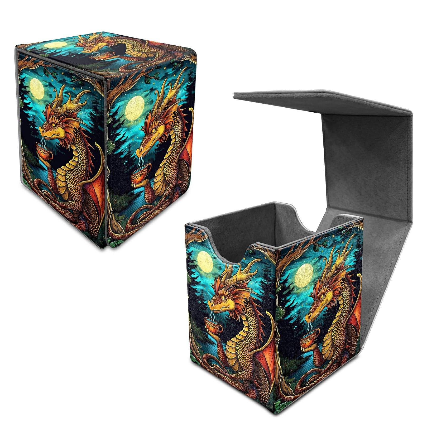 Jamiukro Card Deck Box voor MTG Commandant, TCG-kaartbox, PU lederen magnetische verzamelkaarten, opbergdoos, voor 100 kaarten met dubbele mouwen, zwart en oranje