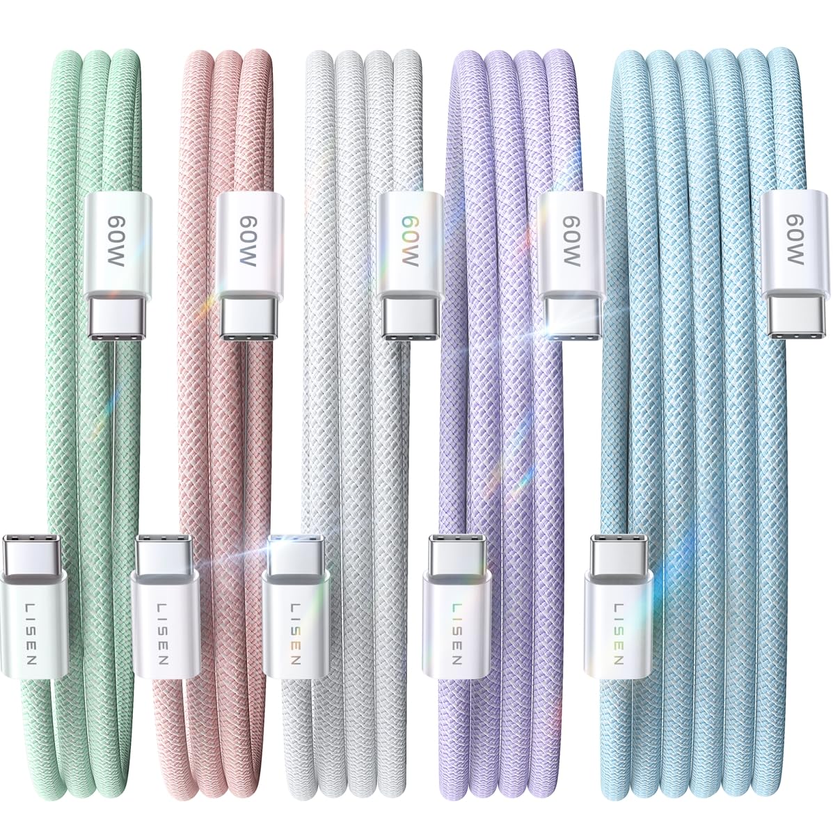 LISEN USB C Cable, 5-Pack [3.3/3.3/6.6/6.6/10FT] USBC to USBC Cable for iPhone 16e 15 Pro Max Charger Cord, 60W (3.1A) C to C Cable Fast Charging for Samsung S25/S24/23, Switch 2, iPad, MacBook 3.3+3.3+6.6+6.6+10FT Multicolored 5