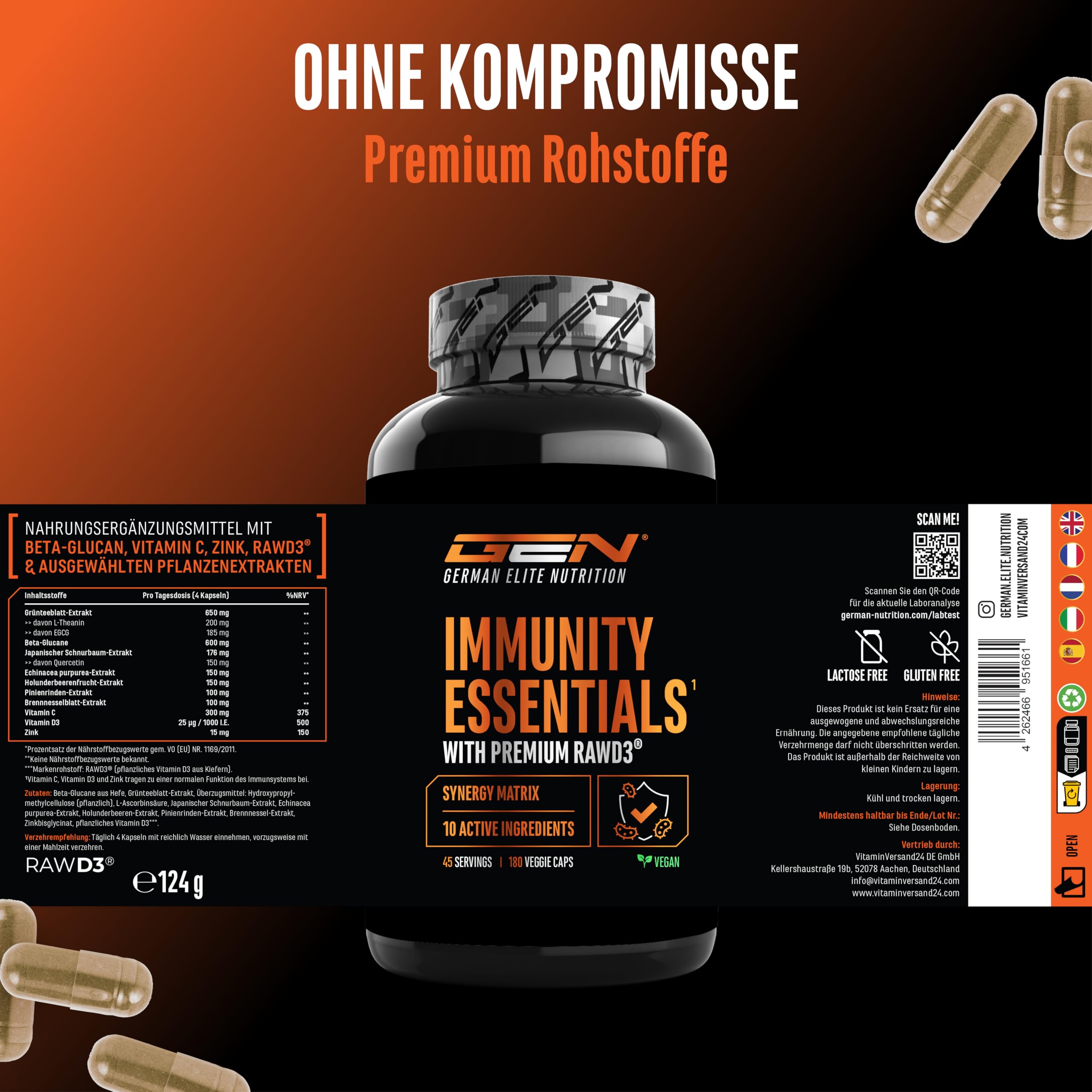 Immunity Essentials Komplex - 180 Kapseln mit Beta Glucan, Vitamin C, D3 (RAWD3®), Zink, Quercetin Echinacea Holunder & Pflanzenextrakten - hochdosiert, vegan