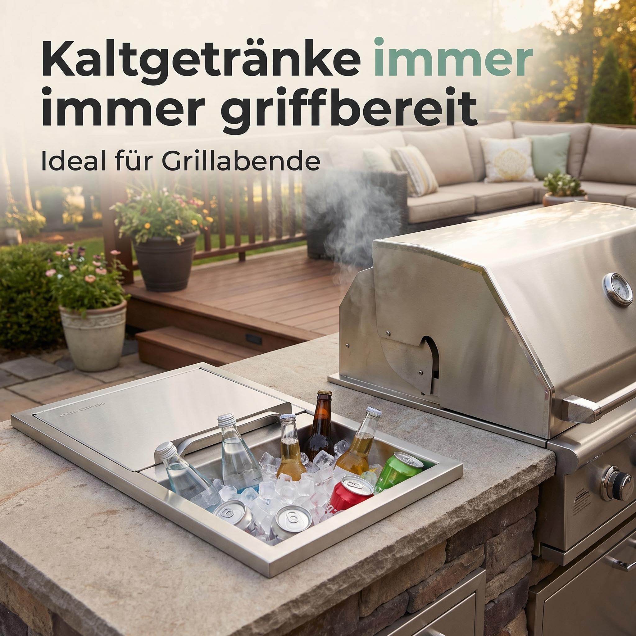 Drop-in-Eisbox Edelstahl 26L mit Deckel Großraum Isoliert Leise Schiebedeckel, Eisbehälter mit Abflussrohr, Ablaufstopsel Passend, ohne Strom Kühlbox für Getränke, Wein & Bier