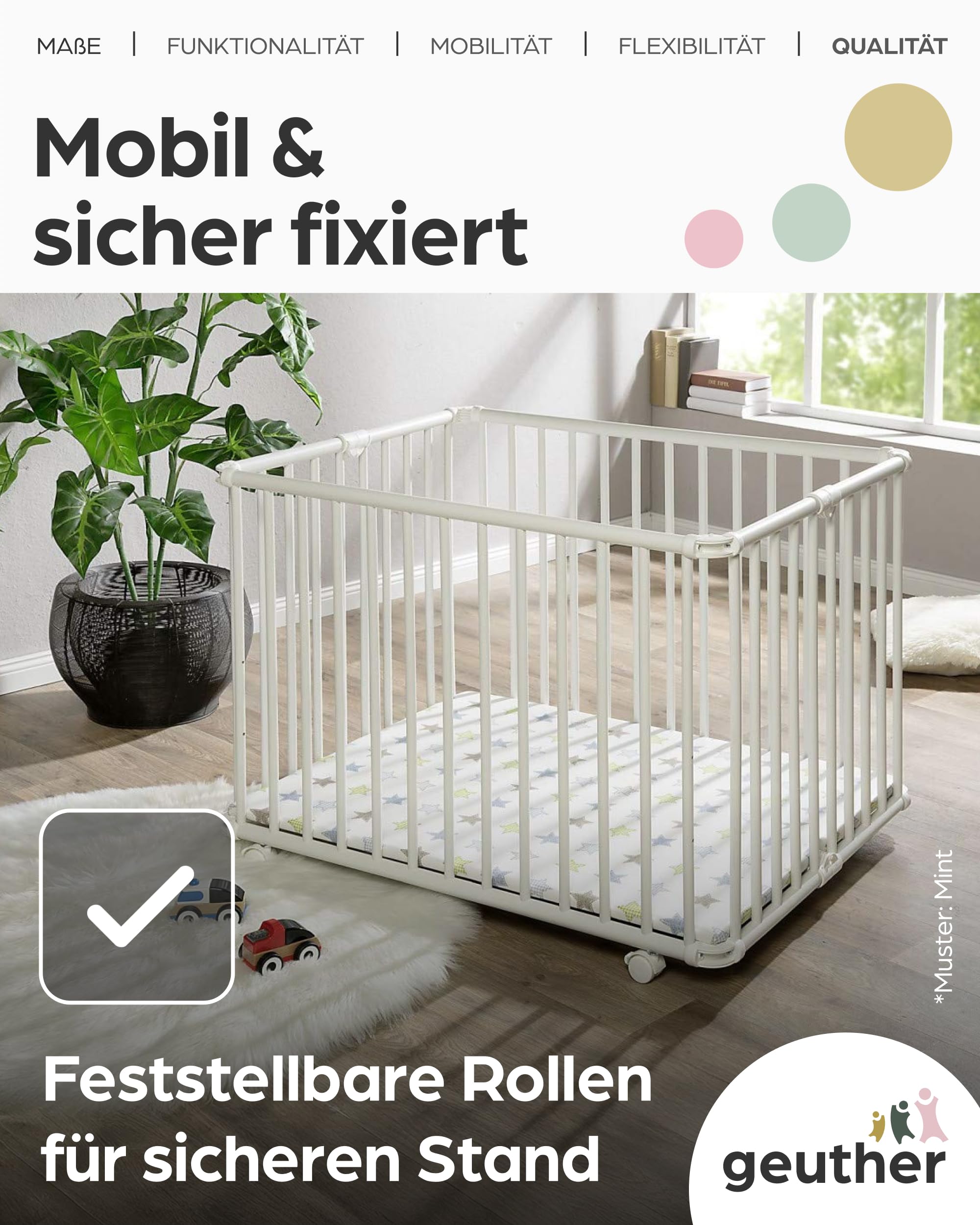Geuther Laufstall Lucilee | Baby Laufgitter 76x97 cm aus Buchenholz – 3-fach höhenverstellbar ohne Werkzeug | TÜV Rheinland geprüft | klappbar & mobil auf Rollen | Made in Germany | Playpen Weiß