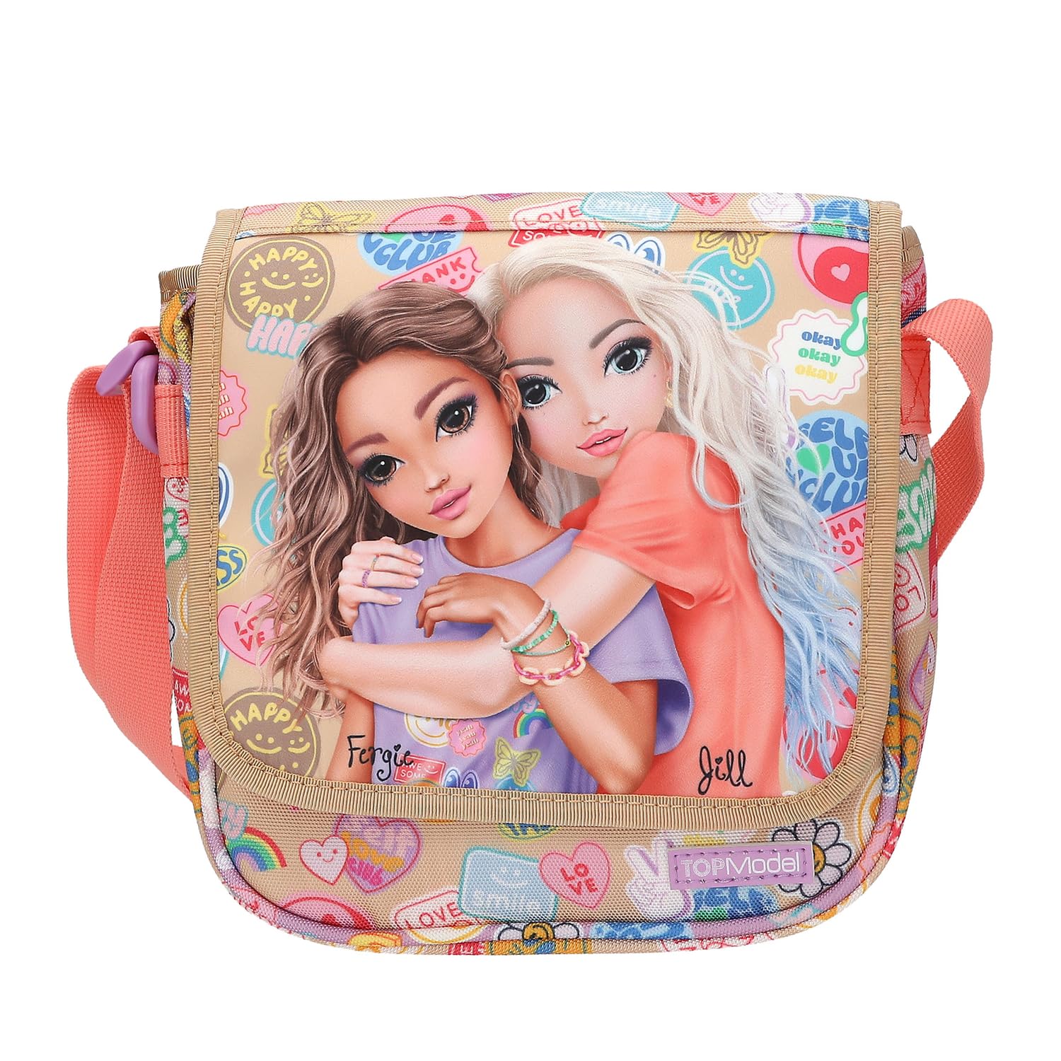 Depesche TOPModel Girl Power 13288 Small Shoulder Bag in Beige with Model Motif and Colourful Batches, Handbag with Adjustable Strap
