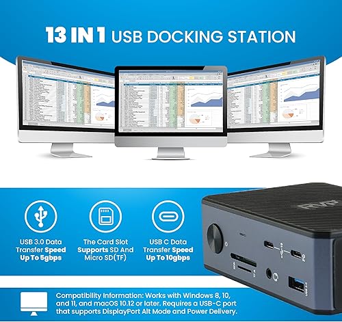 Miniatura 2 de RVP+ Estación de acoplamiento USB C 3 monitores, 14 en 1, USB C de 10 Gbps, USB 3.0 de 5 Gbps, carga de computadora portátil de 85 W, PD 18 W,