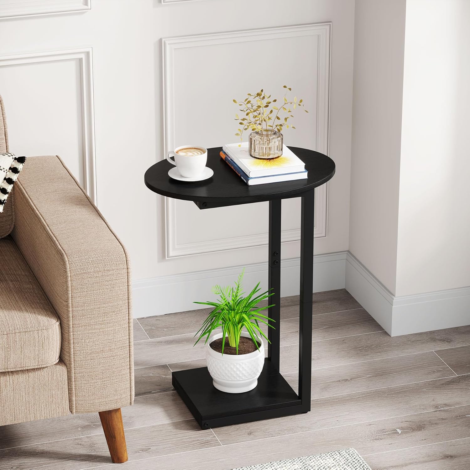 hosfais small side table end table, c-shaped wood coffee table tv tray for eating couch tables for small space, living room, bedroom, couch (black 2 pack) oval 2 pcs black