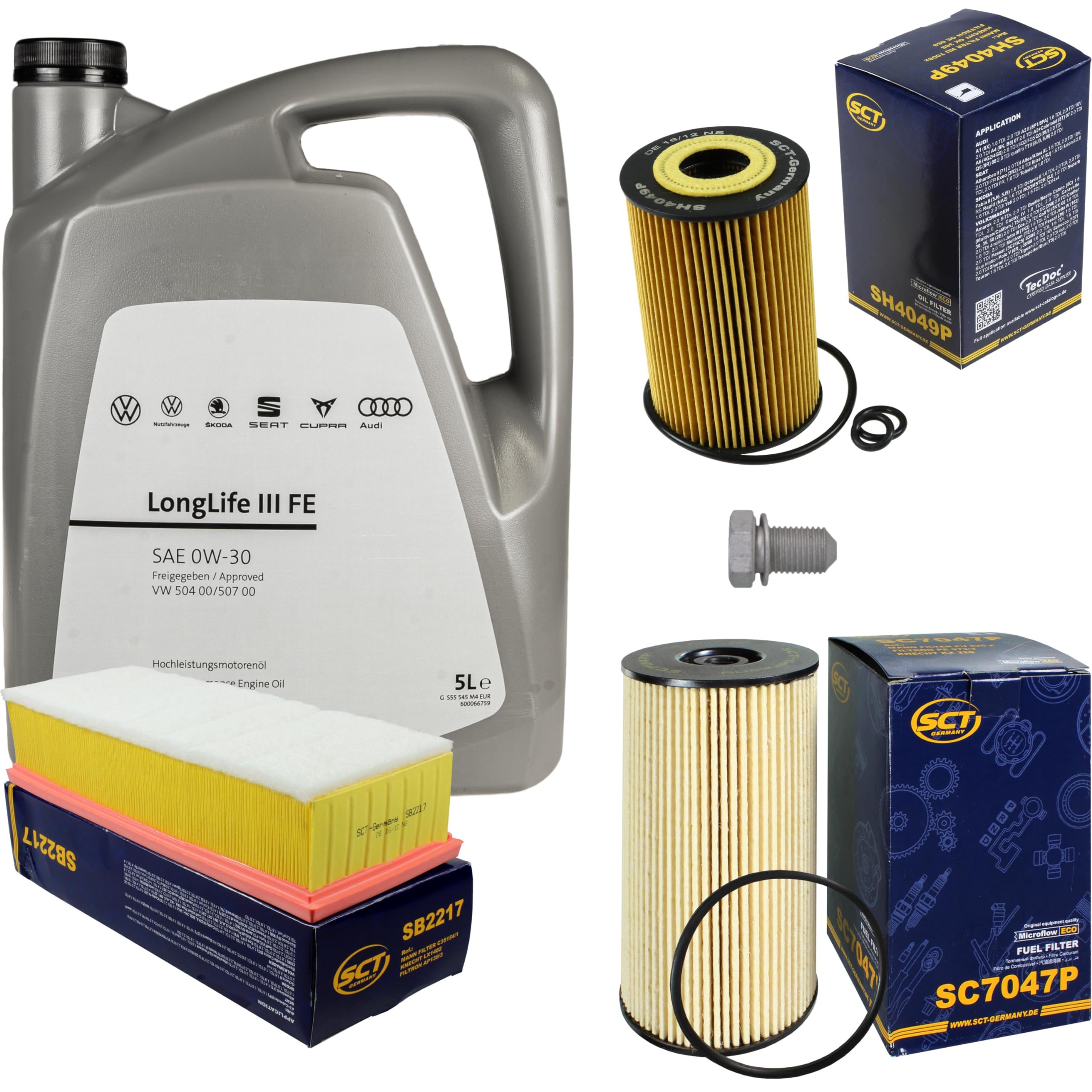 Paquete de inspección Kit de mantenimiento con 5 L 0W-30 aceite de motor LongLife 3 FE, filtro de aceite, filtro de aire, filtro de combustible, tapón de drenaje de aceite