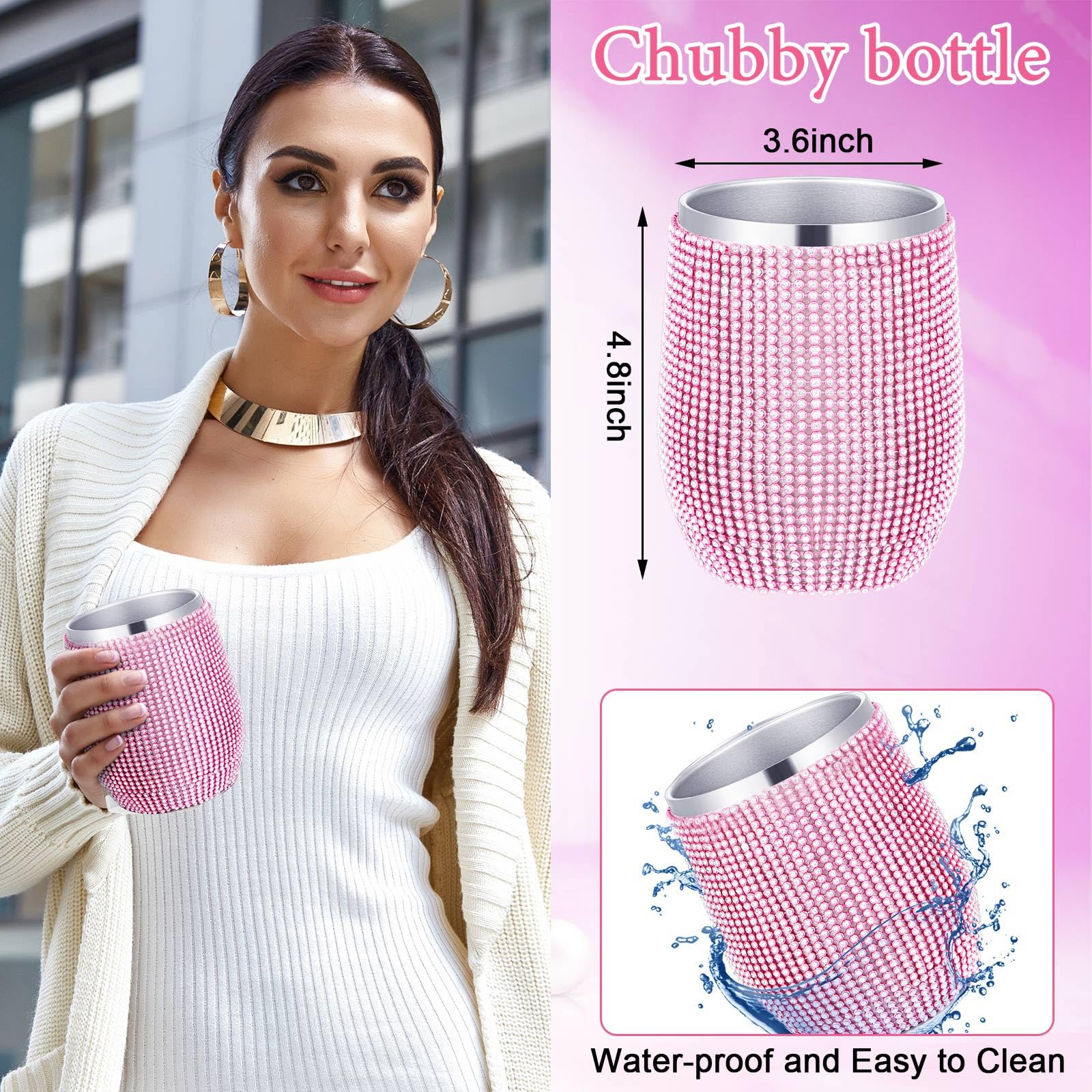 Rtteri 3 Stück Bling Wasserflasche Strass Edelstahl Bling Cup Stiellos Glitzer Tumbler Isoliert Strass Tumbler mit Kette, Deckel und Strohhalm für Frauen Kaffee Martini Wein Becher (Rosa)