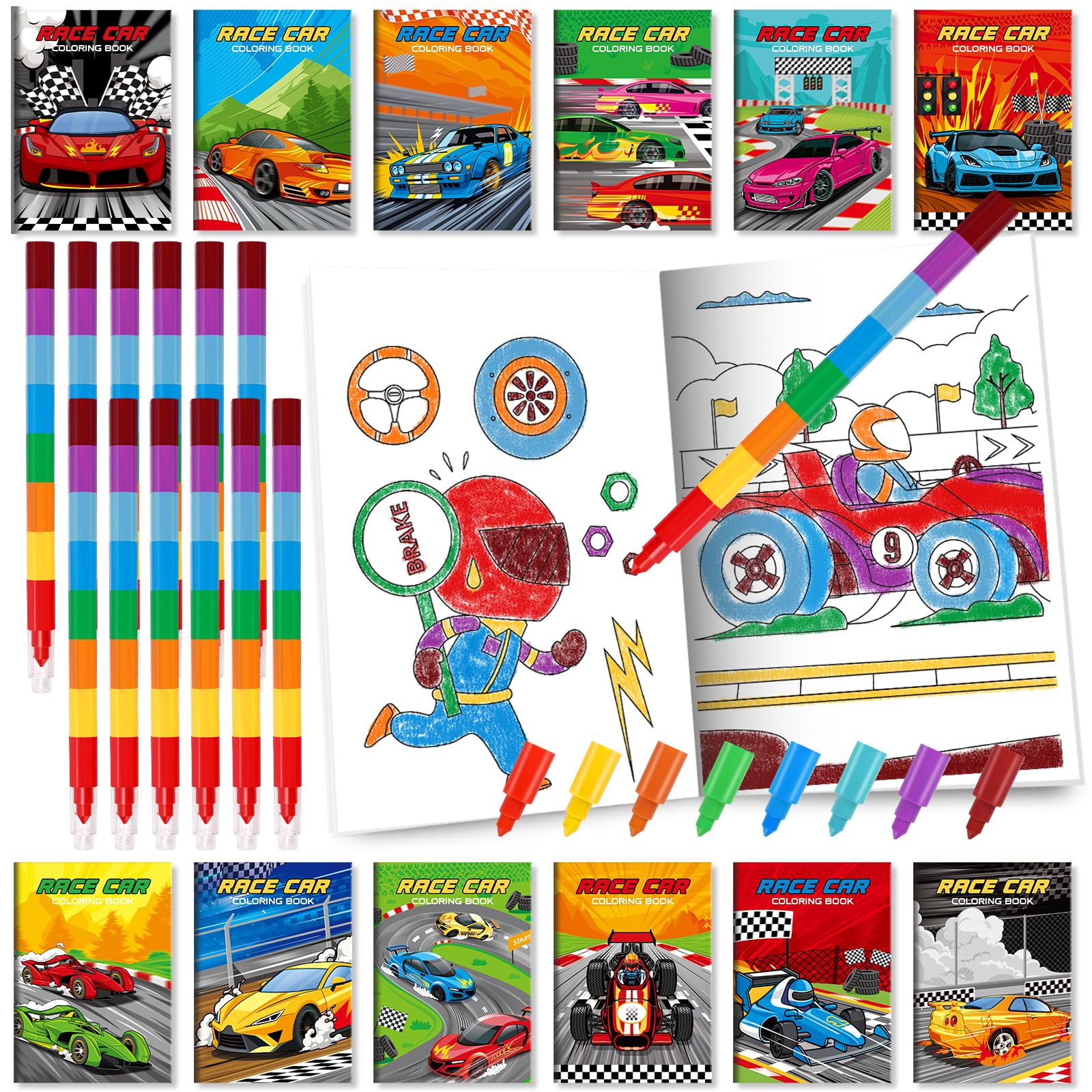 BenLouis 24 Race Car Mini Coloring Books Kids with 24 Stacking Crayons Racing Theme Party Favors Activity Books Bulk for Kids Fast Racecar Wheel