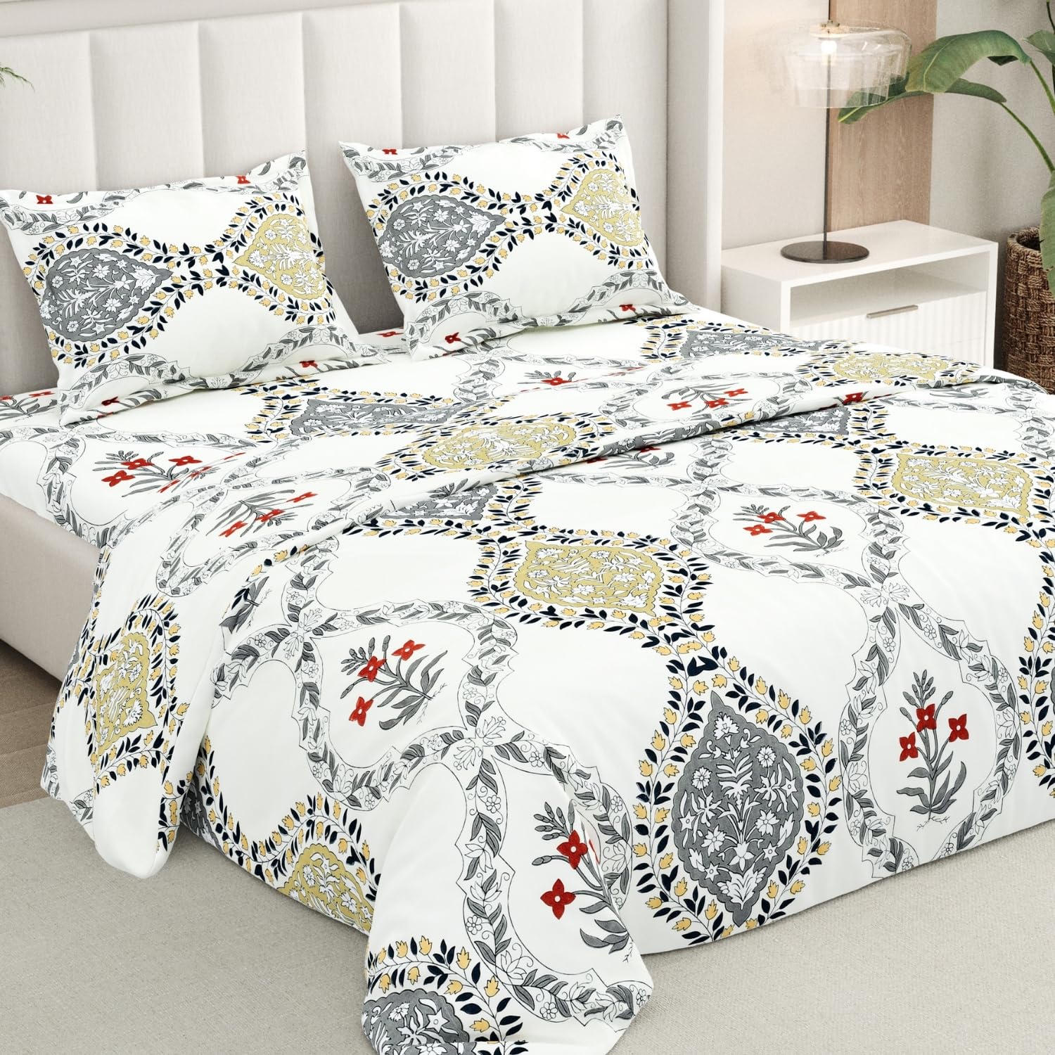 Double Bed Flat Bedsheet with 2 Pillow Covers, 200 TC Microfiber Double Bedsheet, Floral Print, White, 88x96 Inch-image-46