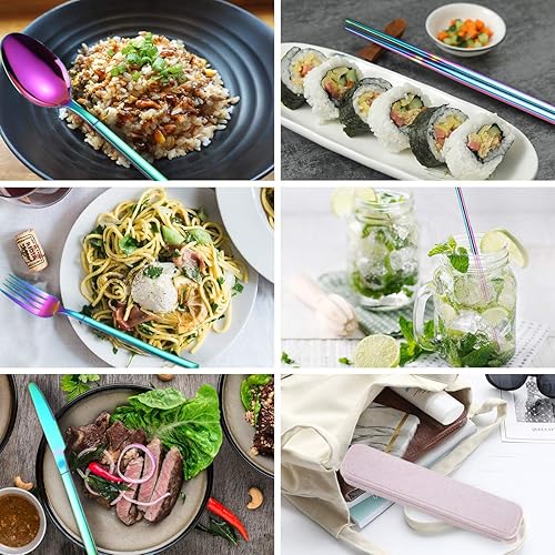 Miniatura 4 de AARainbow - Juego de cubiertos de acero inoxidable de 6 piezas, transportables, reutilizables, utensilios de viaje, incluye palillos, cuchillo,