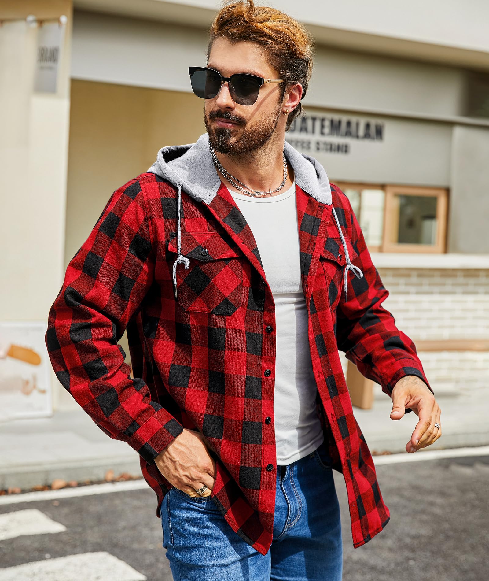 SwissWell Camicia Uomo Flanella Felpe Uomo Camicia a Quadri Manica Lunga Casual Camicia con Cappuccio M-3XL