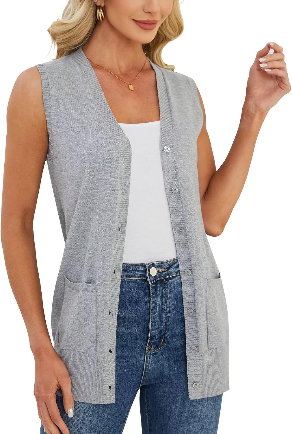 Moss Rose Women's Sleeveless Cardigan Sweaters Fashion Casual Soft Knit Business Office Duster Coat Vest with Large Pockets