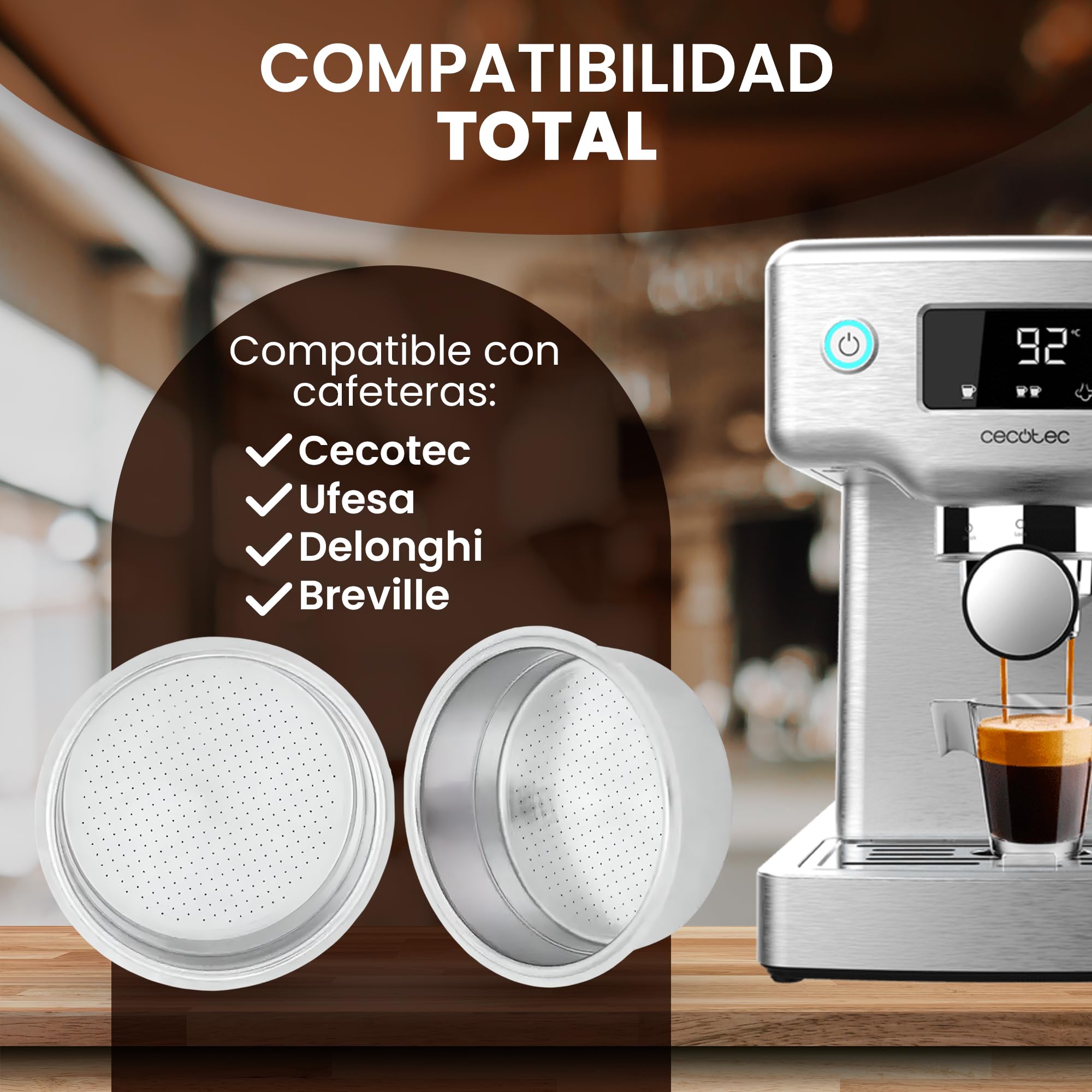 2x1 Filtros Presurizados para Cafetera Cecotec de 1 y 2 Tazas (51mm) - Pack 2 Filtro de Repuesto Resistente y de Fácil Limpieza - Accesorios de Recambio Duraderos para Cafetera Power Espresso Cecotec