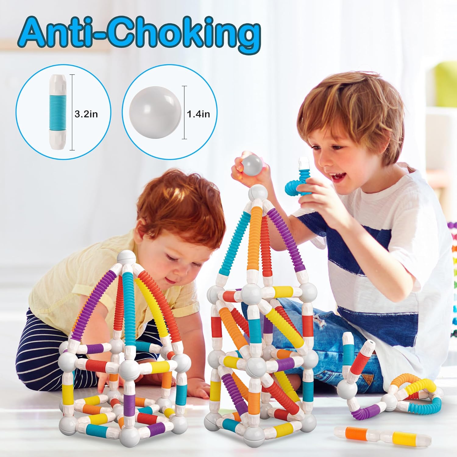 ROUSKY Magnetic Building Blocks Construction Set, 66 Pieces, Educational STEM Toy with Flexible Tubes and Connectors (66PCS)